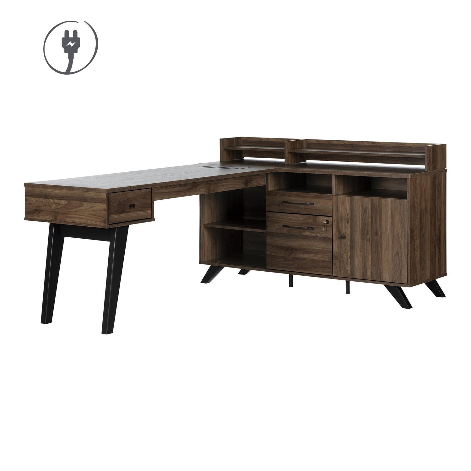 Helsy L-Shaped Desk with Power Bar and Removable Hutch Natural Walnut