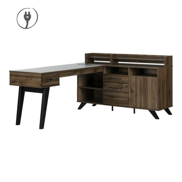 Helsy L-Shaped Desk with Power Bar and Removable Hutch Natural Walnut