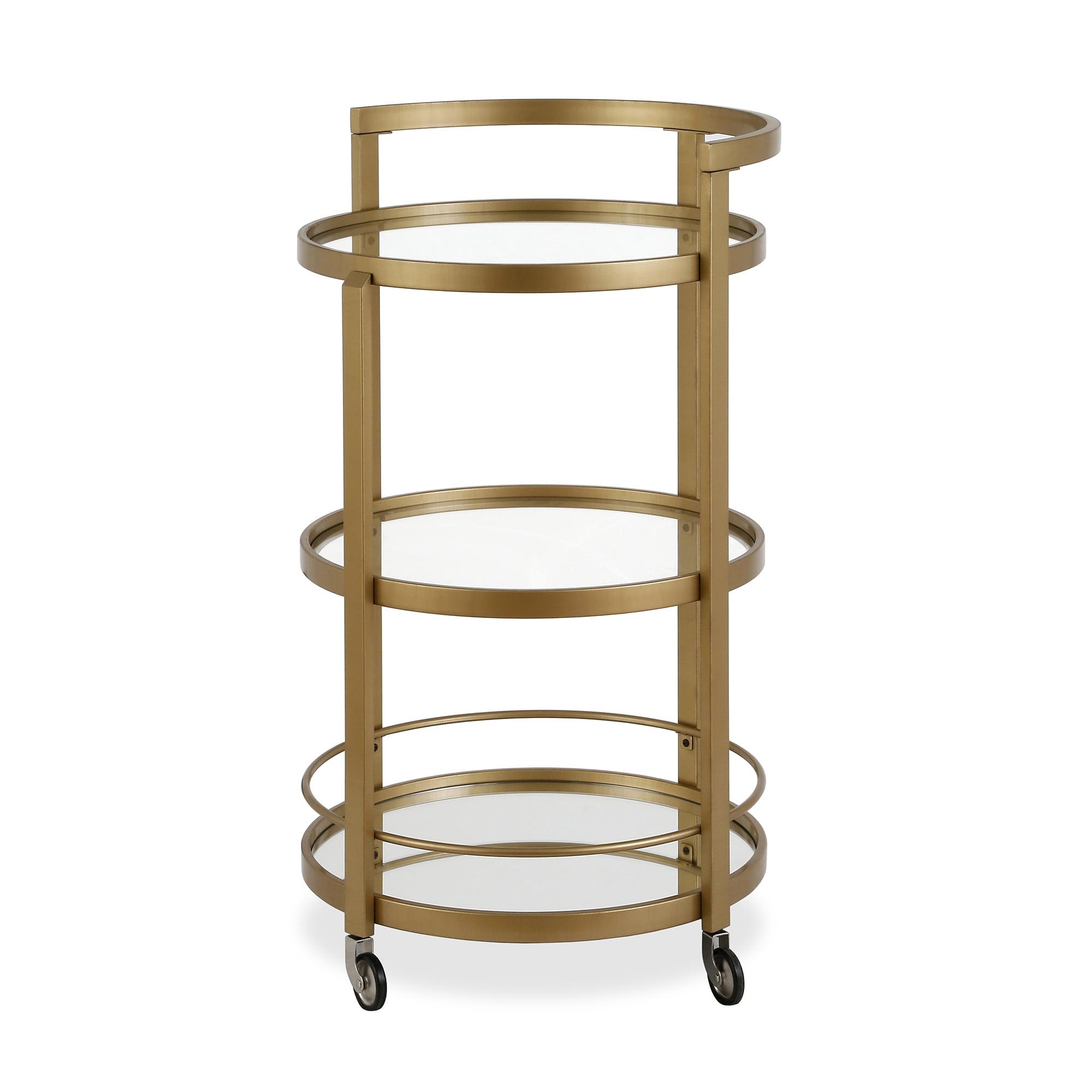 Hause 21" Round Brass and Glass Bar Cart with Storage