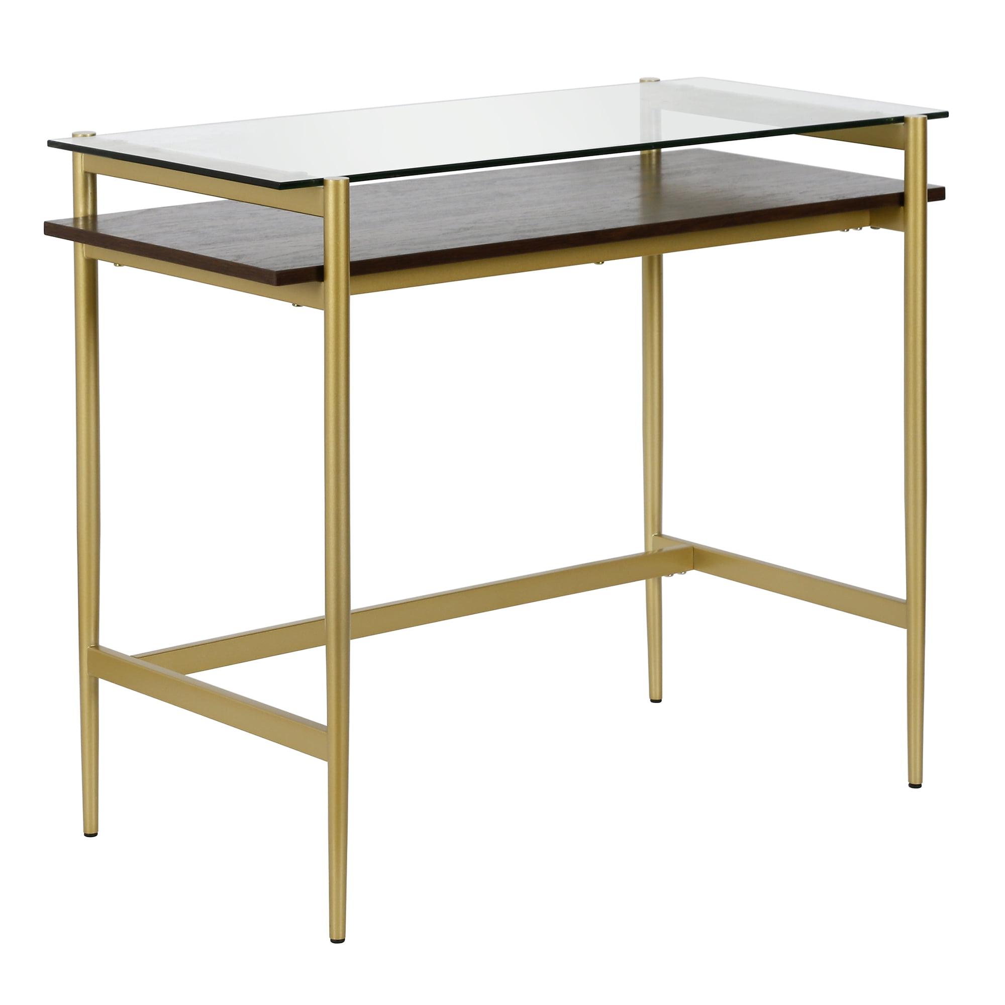 36" Brass Finish Desk with Walnut Shelf - Henn&Hart