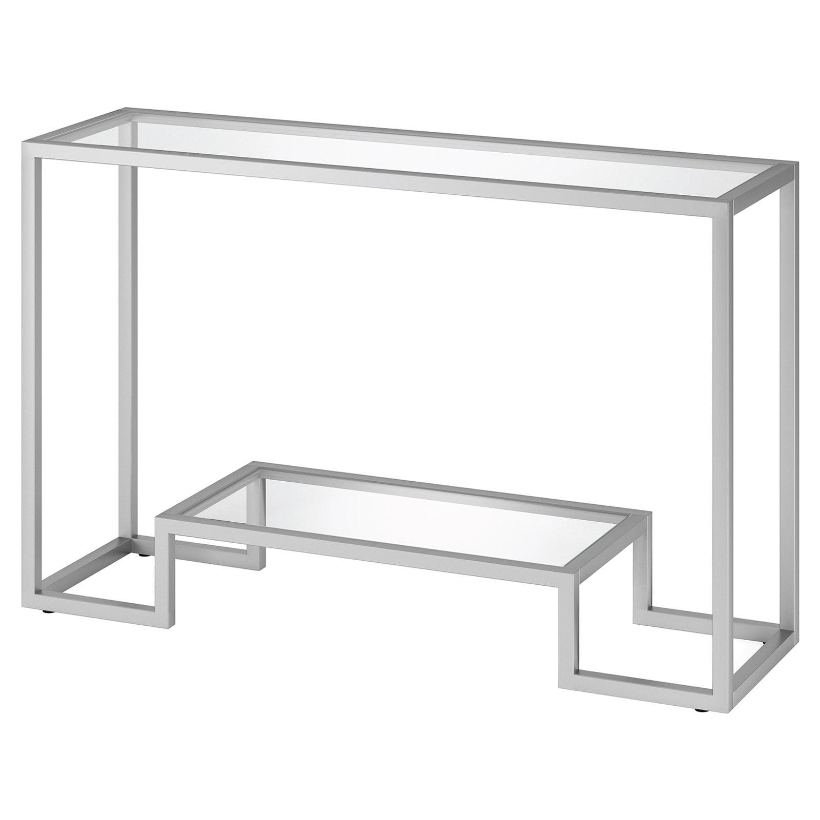 Sleek Nickel Finish Console Table with Glass Top and Storage Shelf