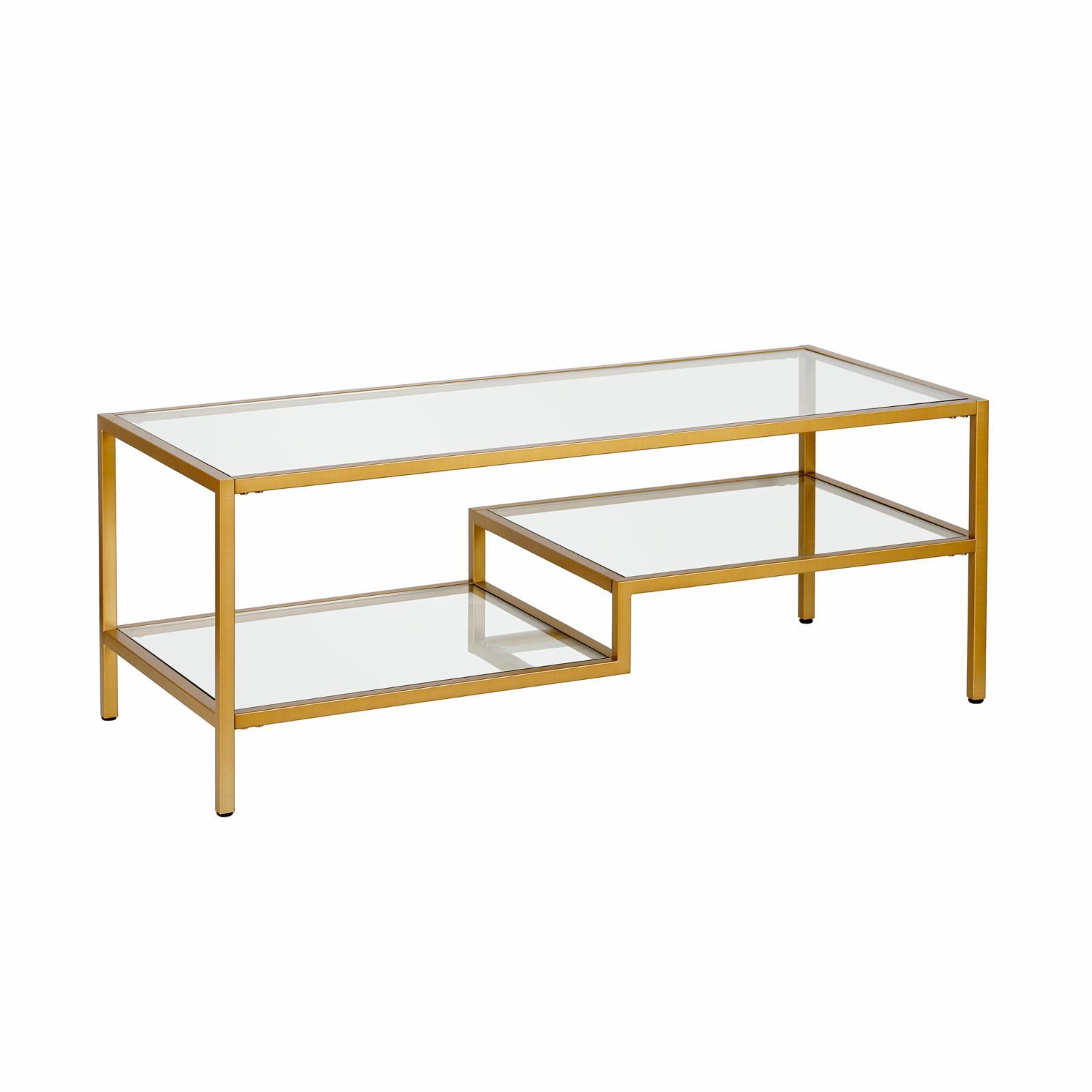 Contemporary Brass and Glass Double-Tiered Coffee Table