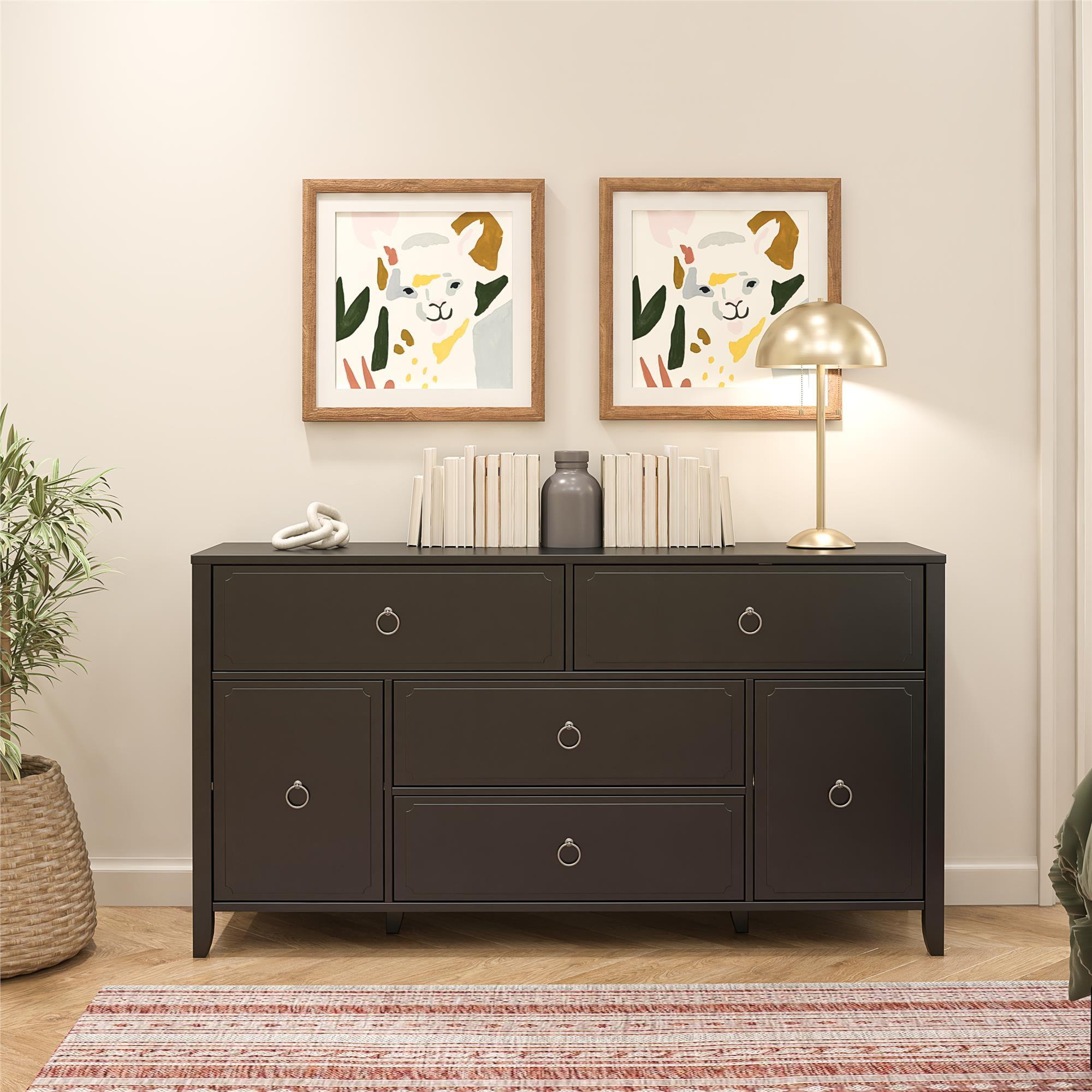 Her Majesty Black Wide Dresser with Real Wood Legs and Ring Pulls