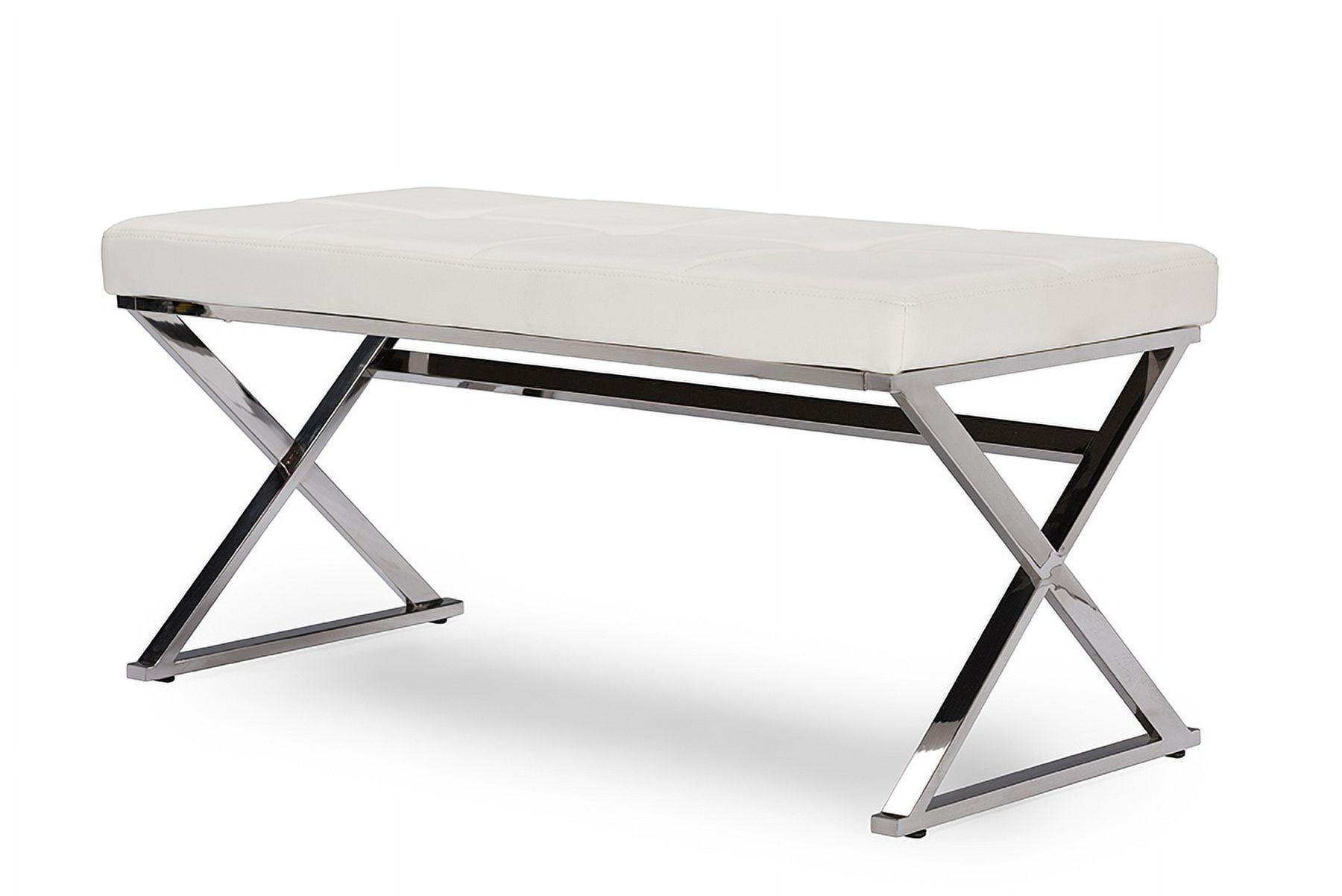 Herald White Faux Leather and Stainless Steel Rectangular Bench