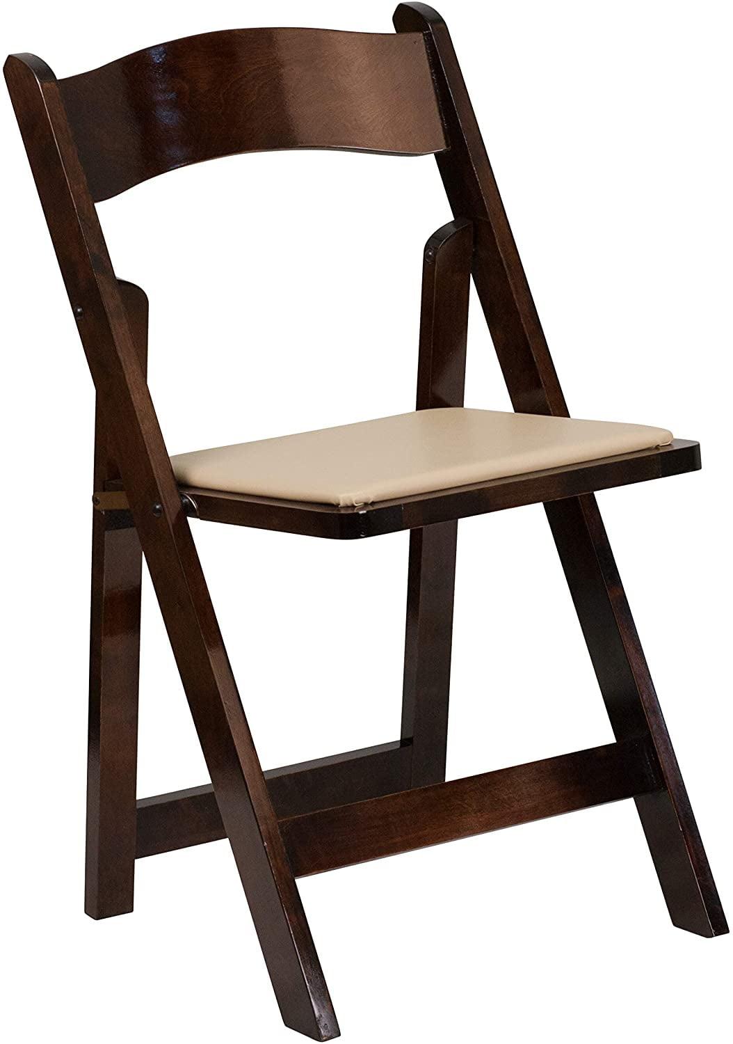 Fruitwood Folding Chair with Beige Vinyl Padded Seat