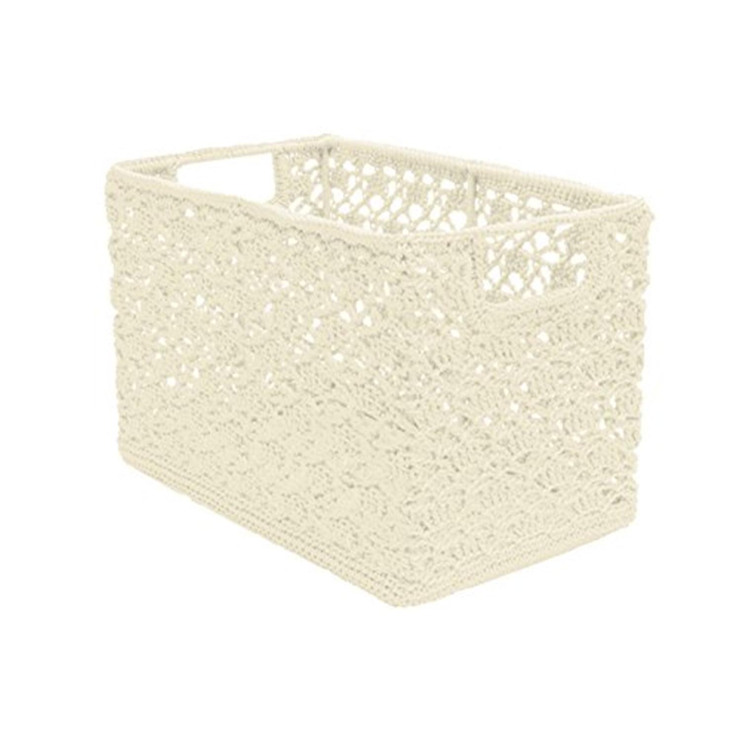 Modern White Rectangular Hand-Crocheted Polypropylene Basket