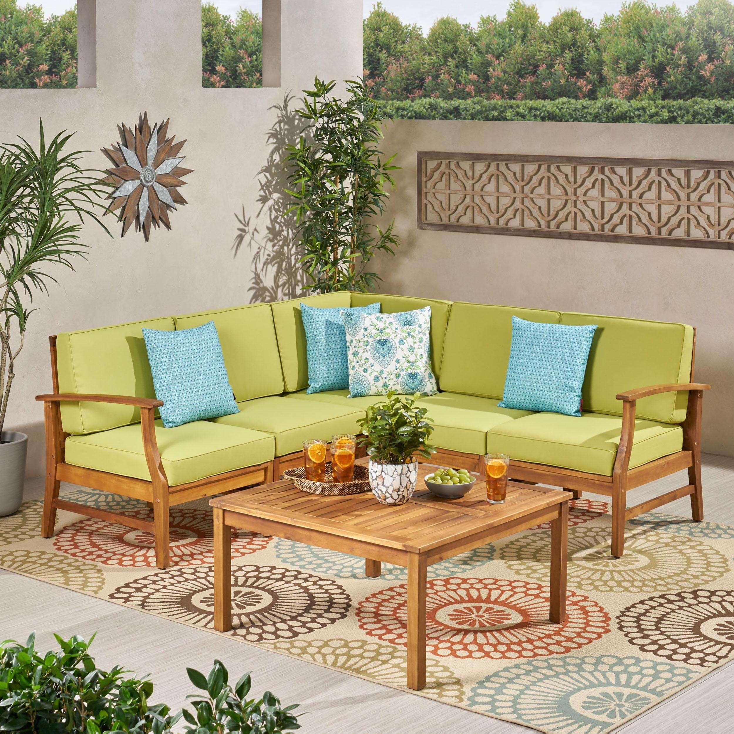 Teak Finish 6-Piece Wood Outdoor Sectional Set with Green Cushions