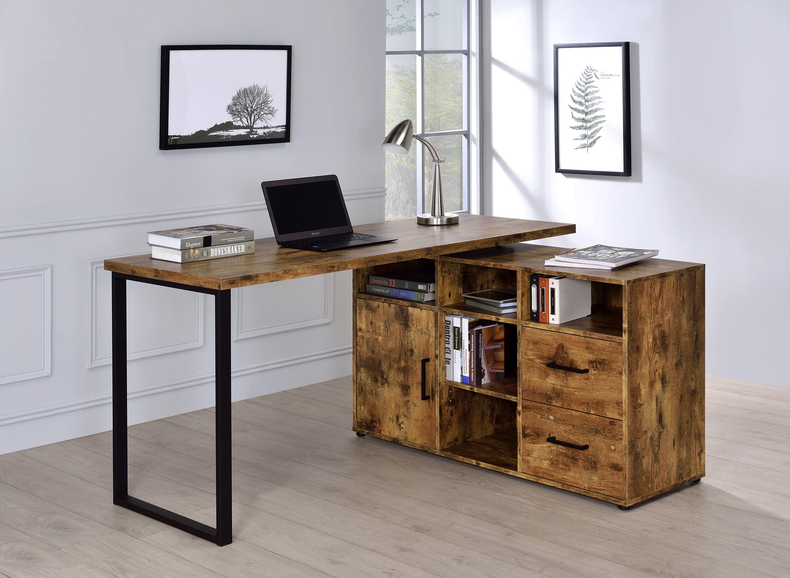 Transitional Antique Nutmeg Wood L-Shape Desk with USB Port