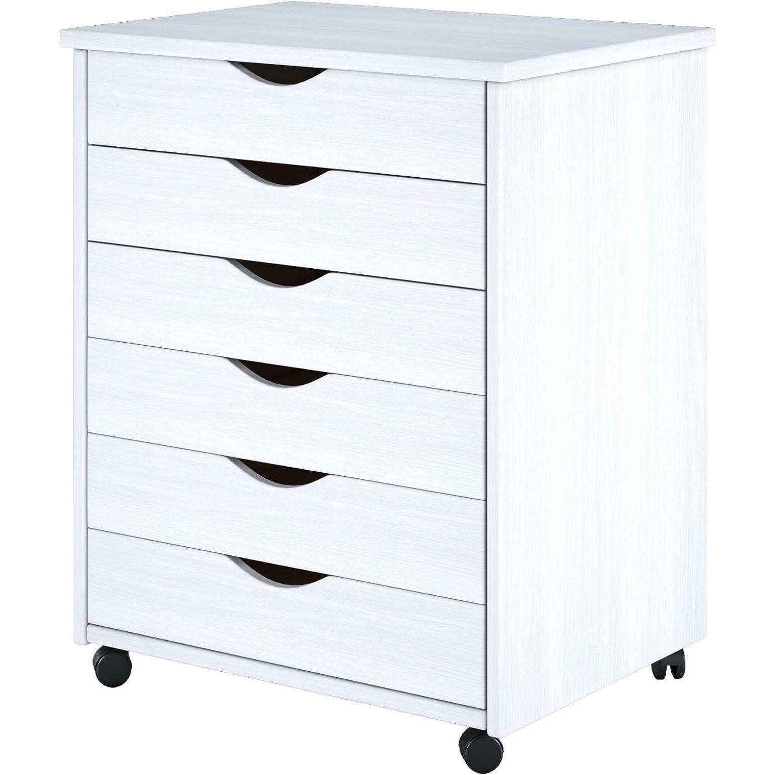 Sustainable Solid Pine 6-Drawer Wide Roll Cart in White