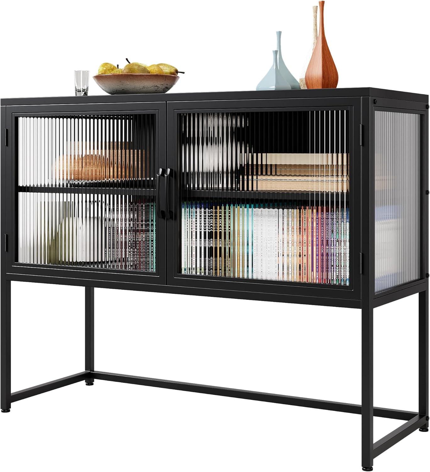 Hetoy Buffet Cabinet with Glass Doors, Sideboard Cabinet with Adjustable Shelves, Freestanding Glass Doors Storage Cabinet for Kitchen, Living Room, Dining Room, Black