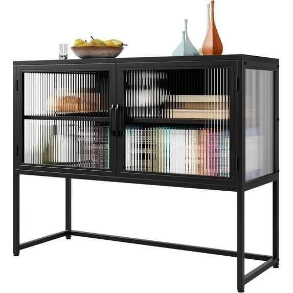 Hetoy Buffet Cabinet with Glass Doors, Sideboard Cabinet with Adjustable Shelves, Freestanding Glass Doors Storage Cabinet for Kitchen, Living Room, Dining Room, Black