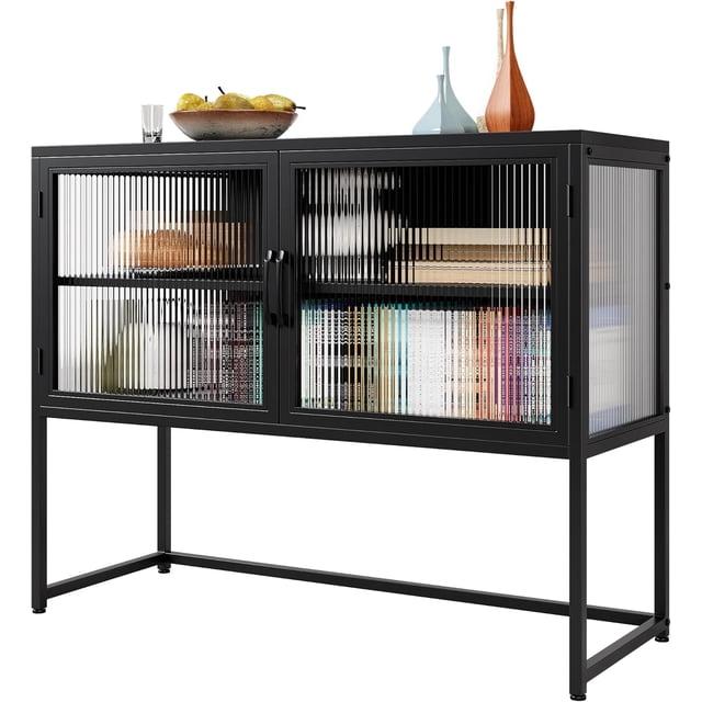 Hetoy Buffet Cabinet with Glass Doors, Sideboard Cabinet with Adjustable Shelves, Freestanding Glass Doors Storage Cabinet for Kitchen, Living Room, Dining Room, Black