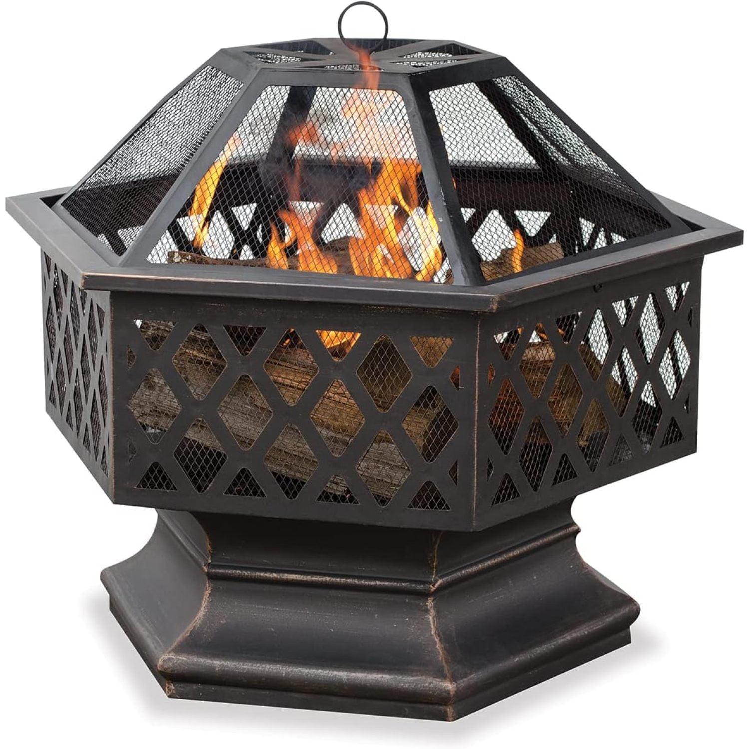 Hexagon Bronze Wood-Burning Outdoor Fire Pit with Lattice Design