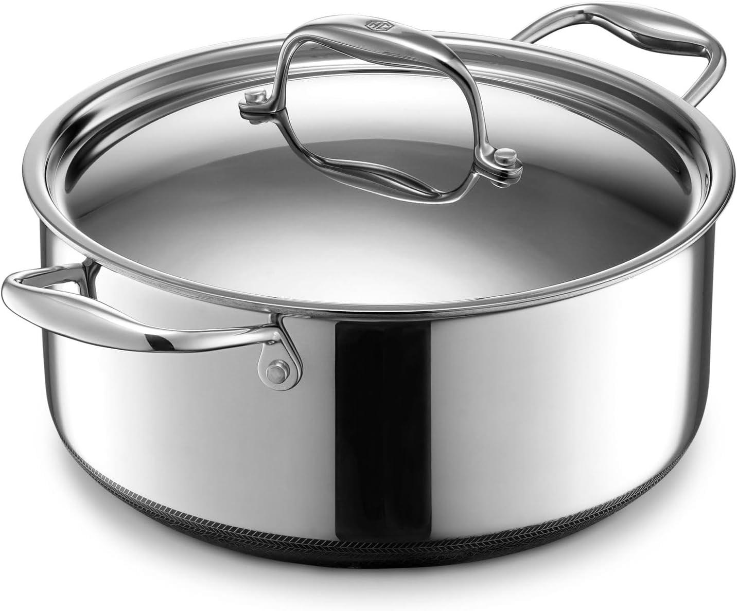 HexClad 5 Quart Hybrid Stainless Steel Pot with Glass Lid, Nonstick