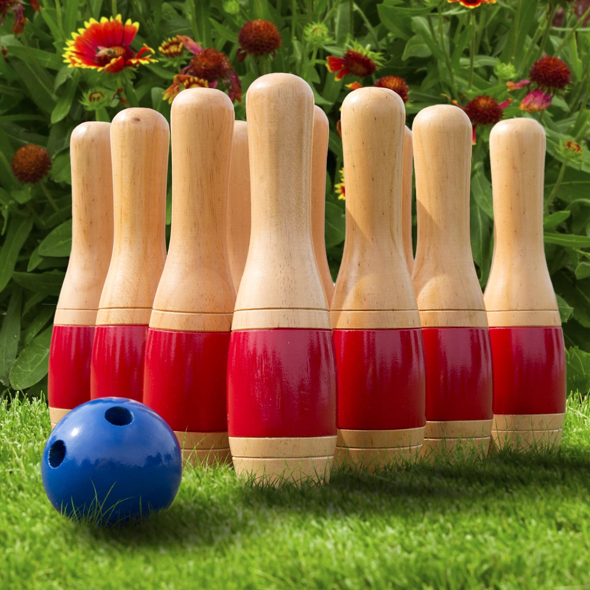 11 Inch Red and Natural Wooden Lawn Bowling Set