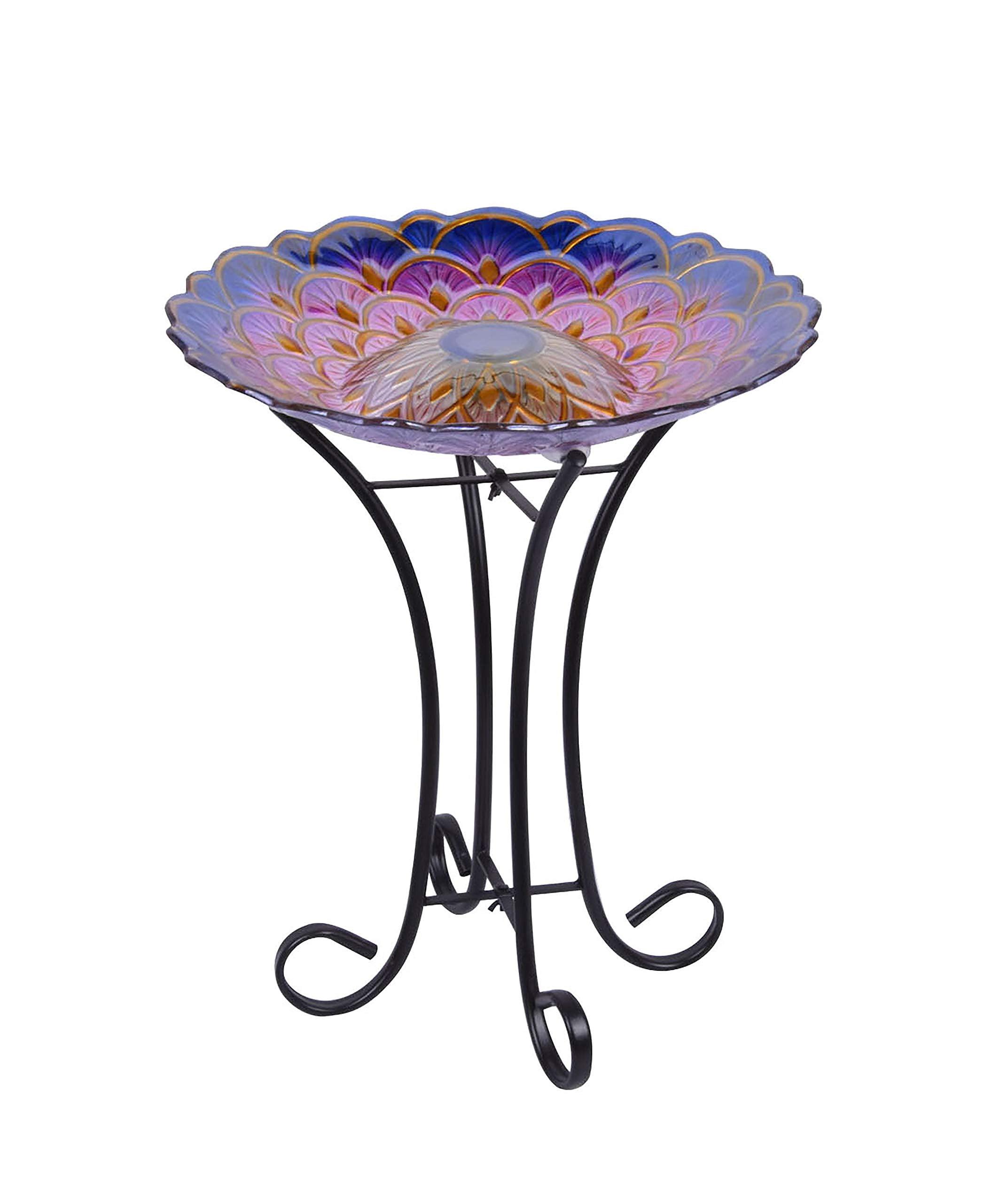 Solar Floral Glass Bird Bath with Metal Stand