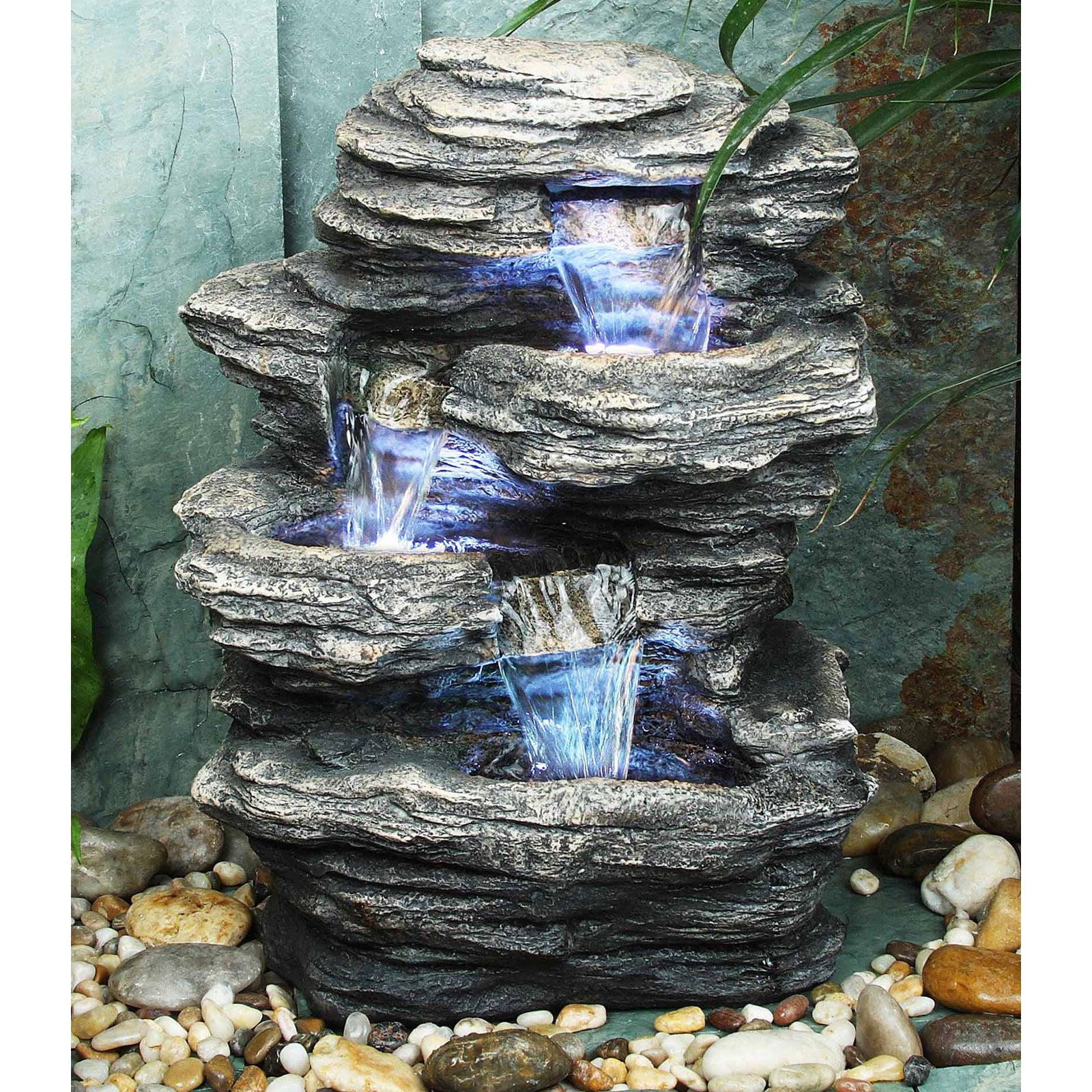 Gray Polyresin 4-Level Rock Water Fountain with LED Lights