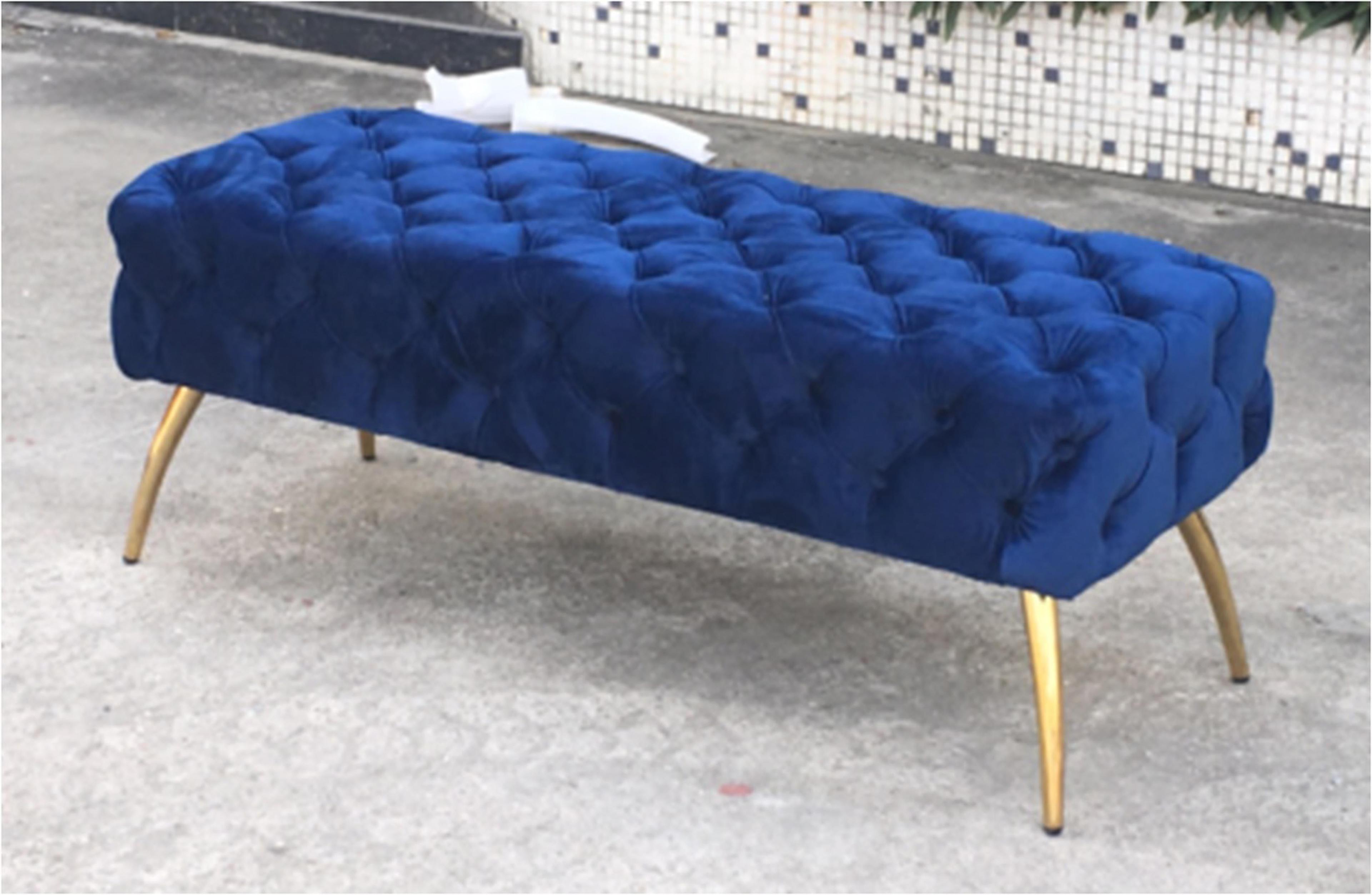 Navy Blue Velvet Diamond-Tufted Bench with Glossy Gold Legs