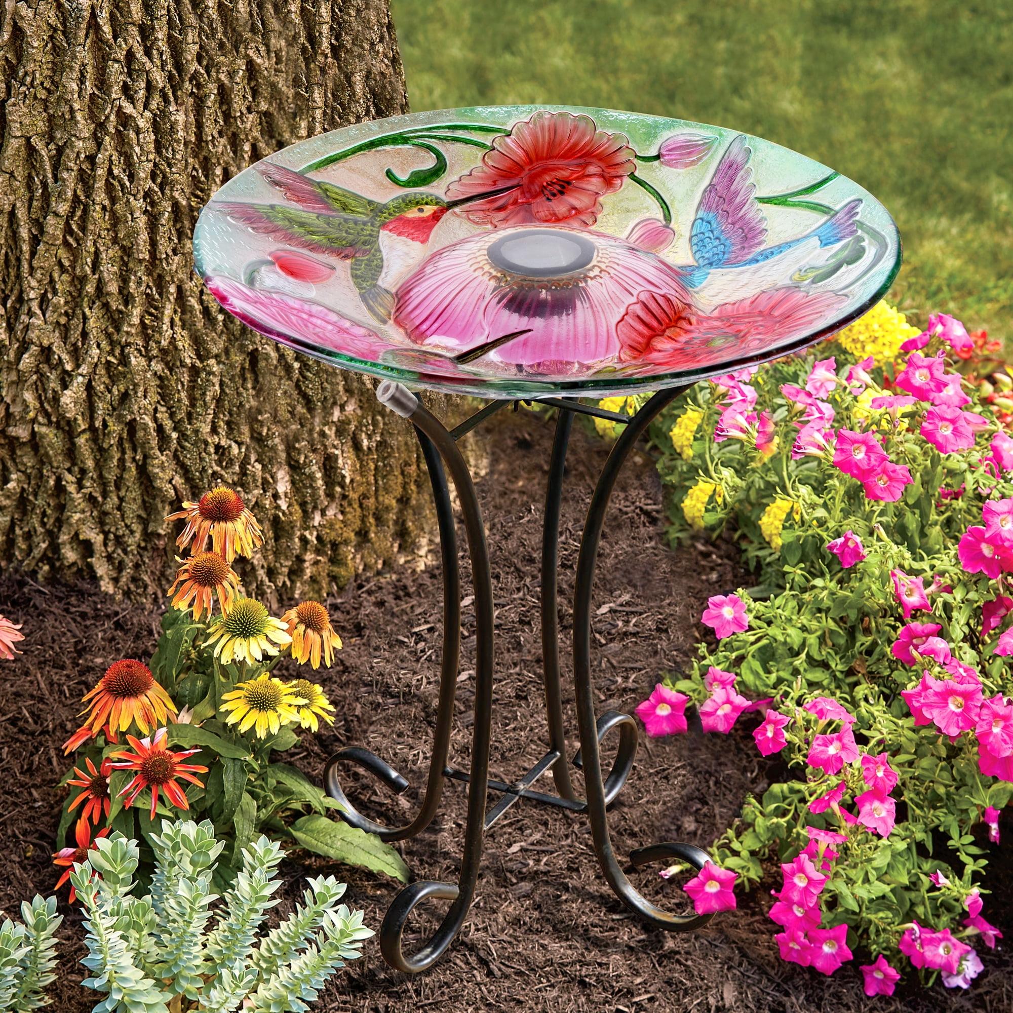 Solar LED Floral Glass Bird Bath with Metal Stand