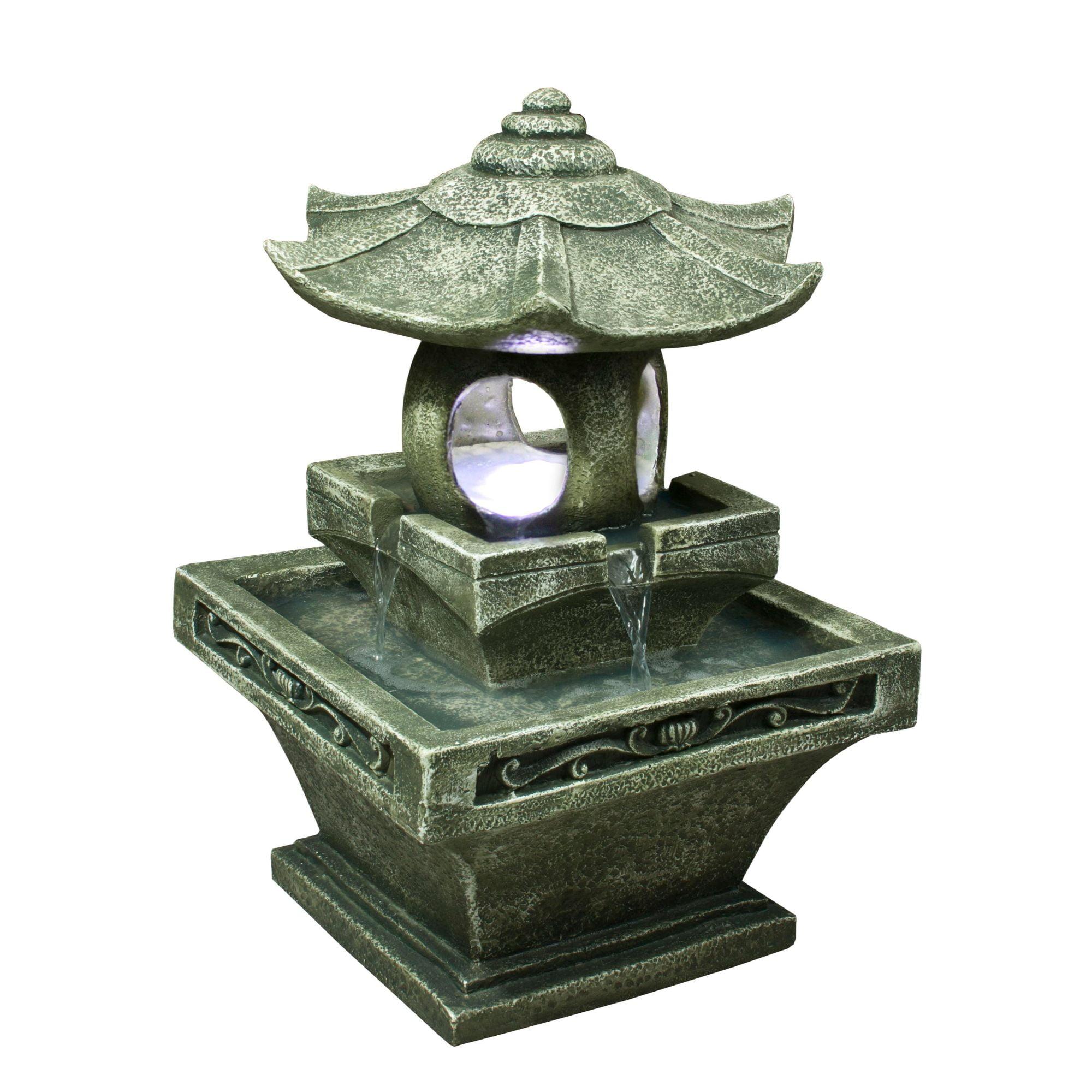 25.25" Gray Resin Pagoda Outdoor Lantern Fountain with Light