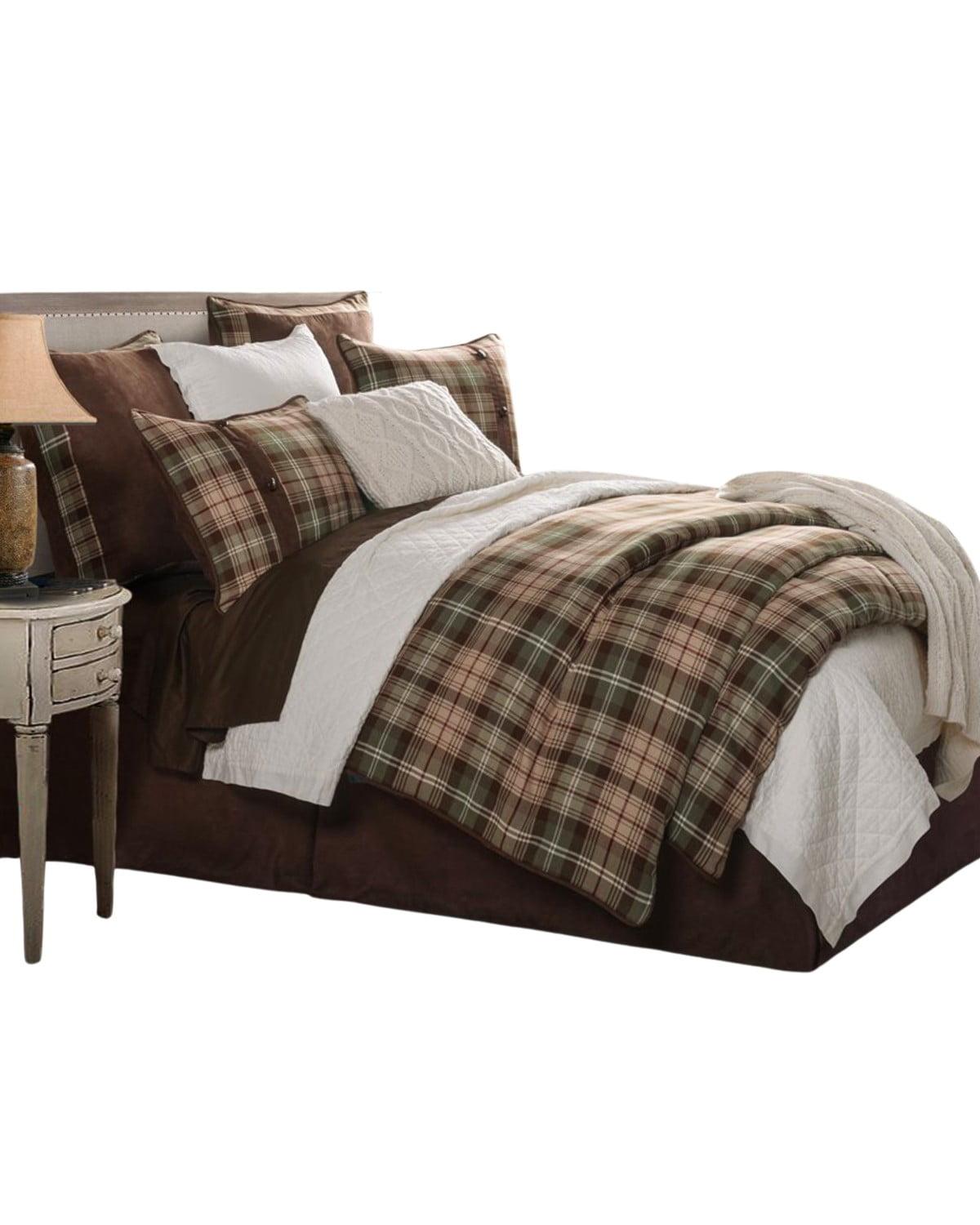 Twin Brown Cotton Plaid Comforter Set with Textured Accents