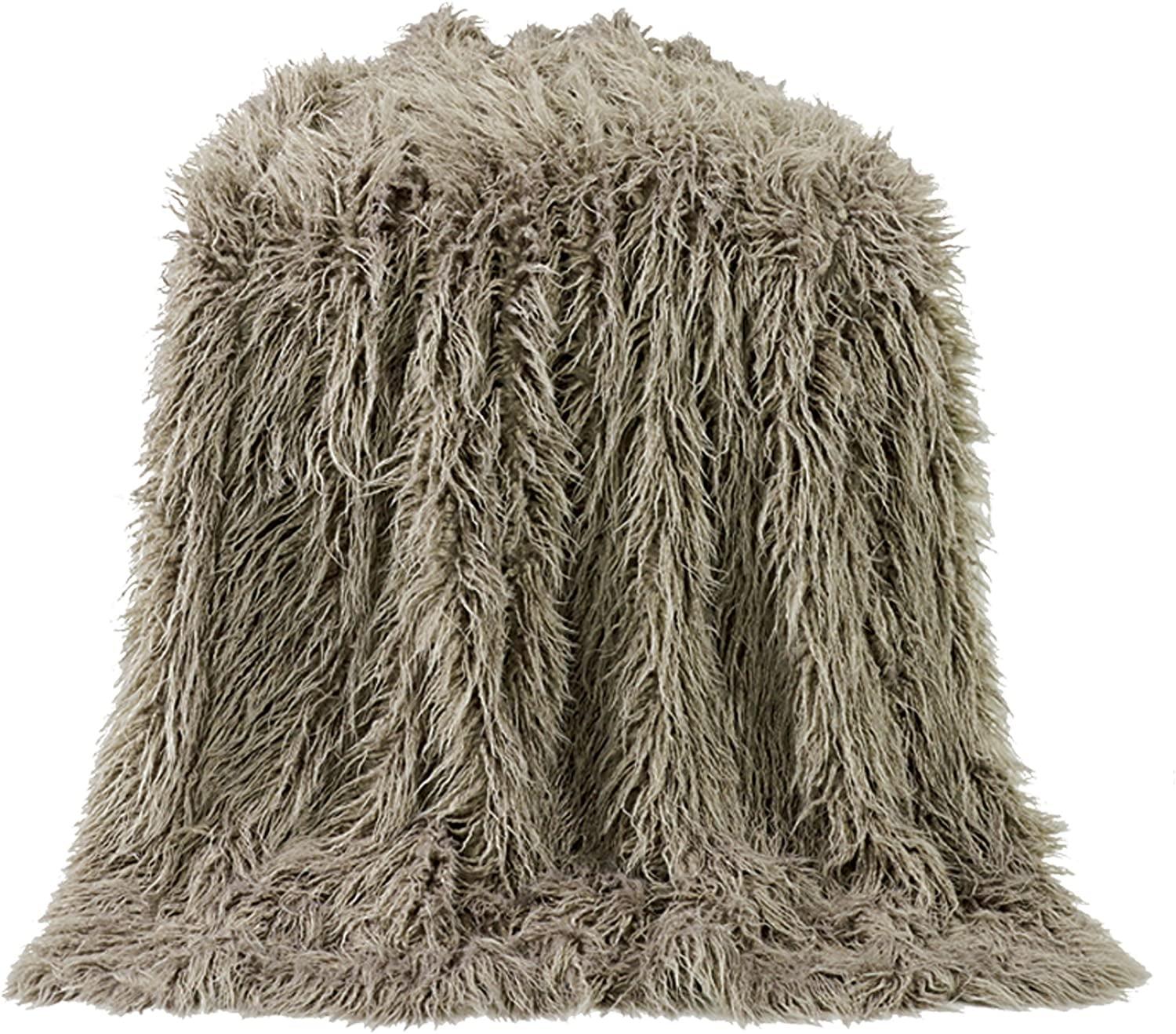 Taupe Reversible Mongolian Faux Fur Wool Throw Blanket