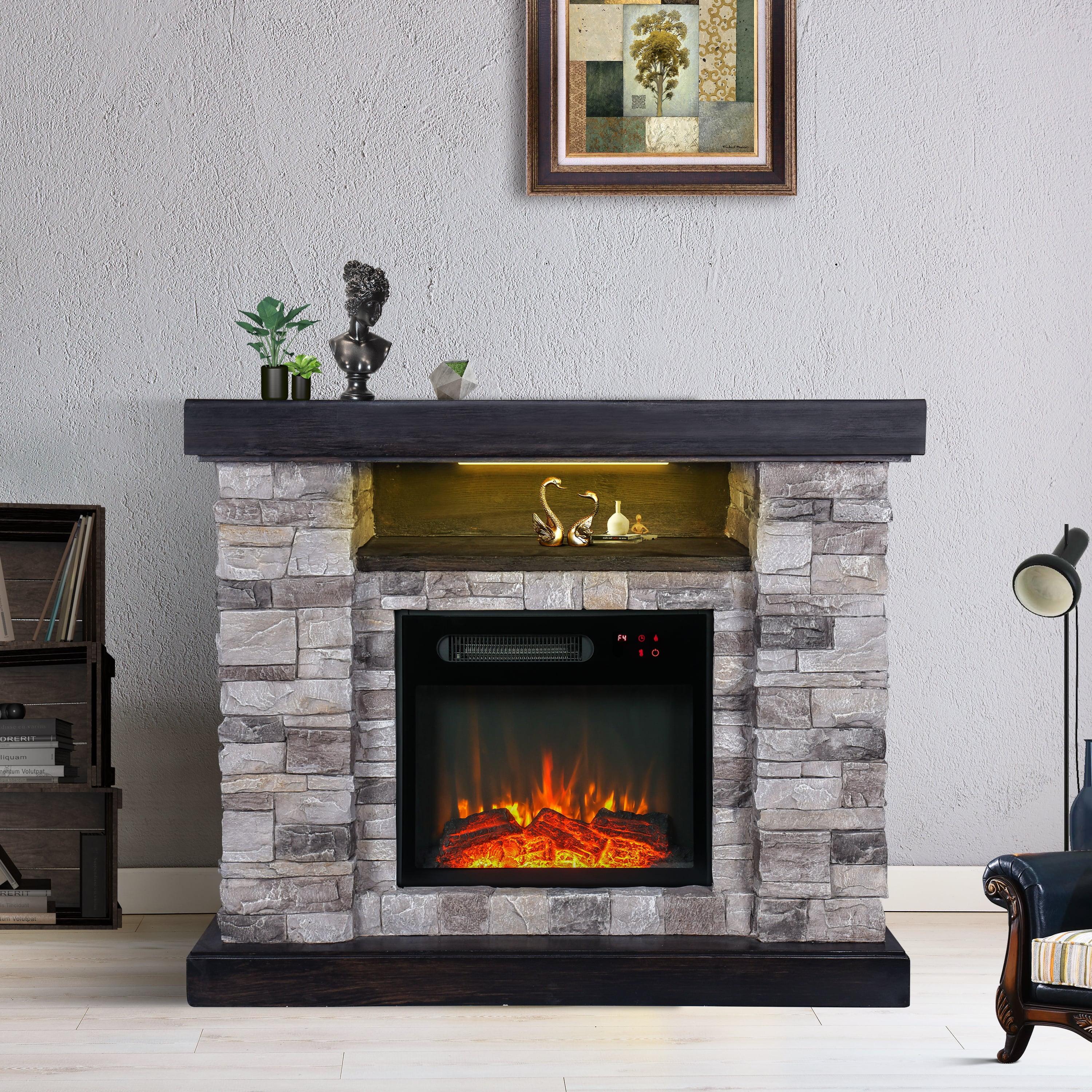 39" Gray Faux Stone Freestanding Electric Fireplace with LED Shelf