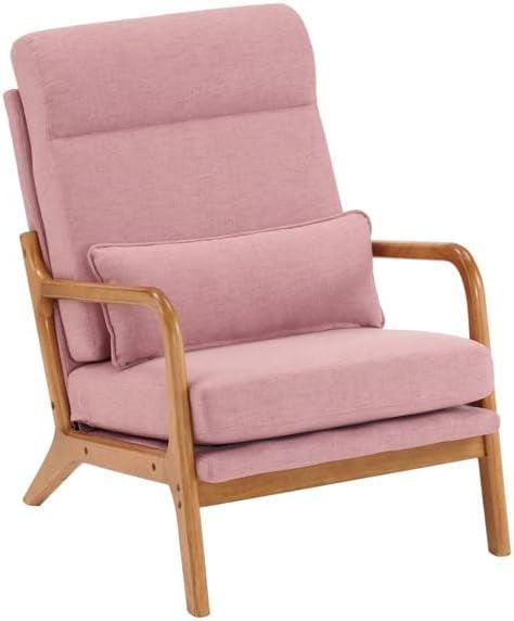 Ktaxon Mid Century Modern Accent Chair, Linen Fabric Armchair, Hight Back Single Sofa with Solid Wood Frame Pink