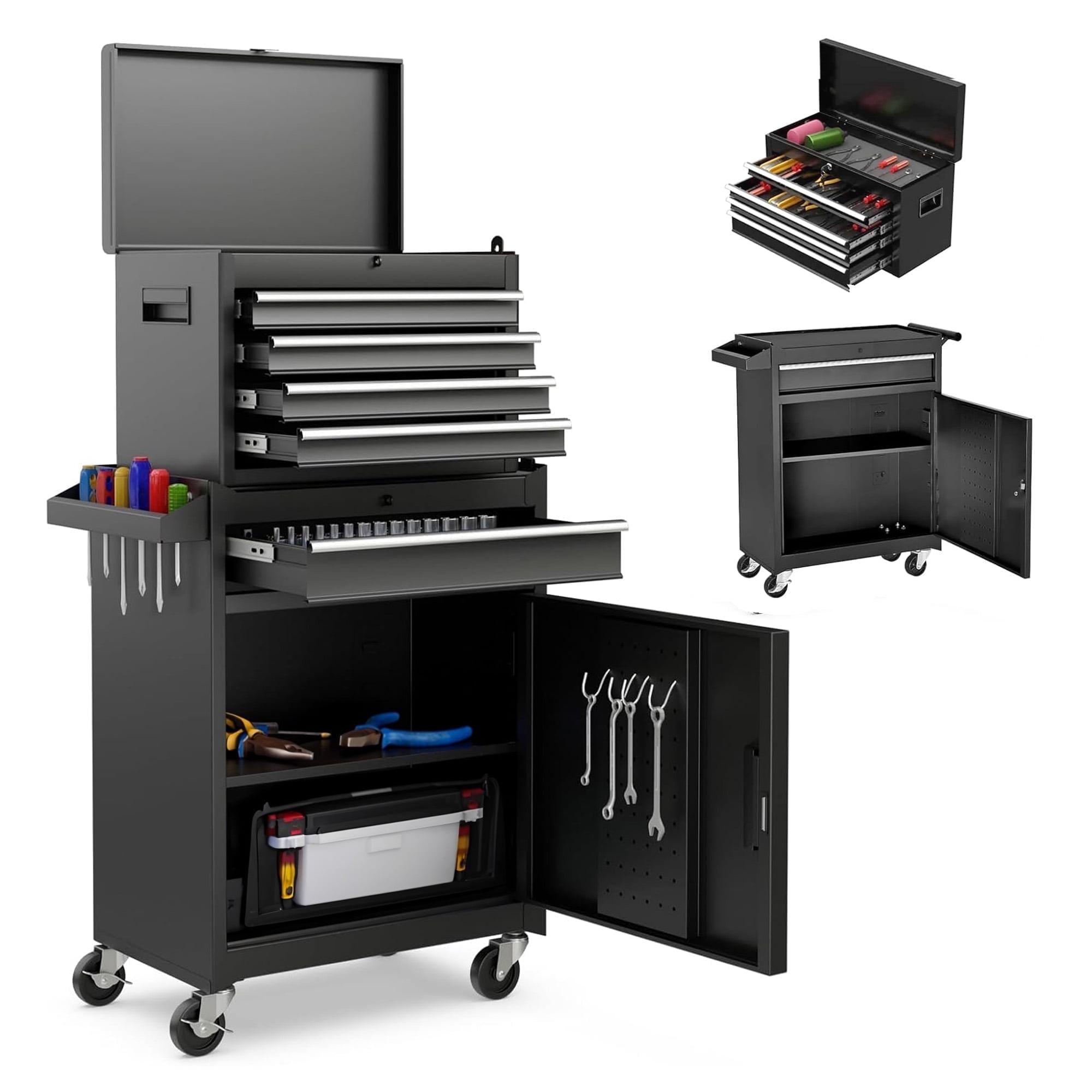 5-Drawer Rolling Tool Chest With Wheels, Detachable Top Tool Box With Liners And Locking System, Heavy Duty Steel Tool Cart For Garage Black