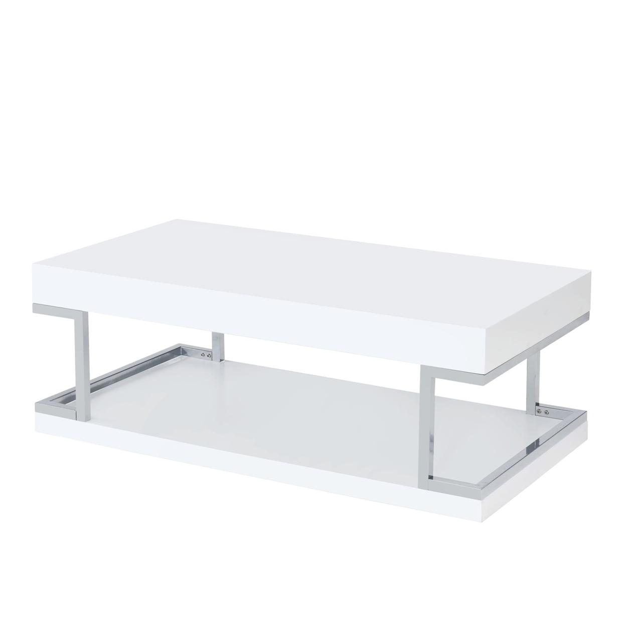 High Gloss White and Silver Rectangular Coffee Table with Shelf