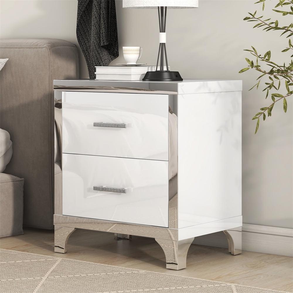 White High Gloss Mirrored 2-Drawer Nightstand with Metal Handles