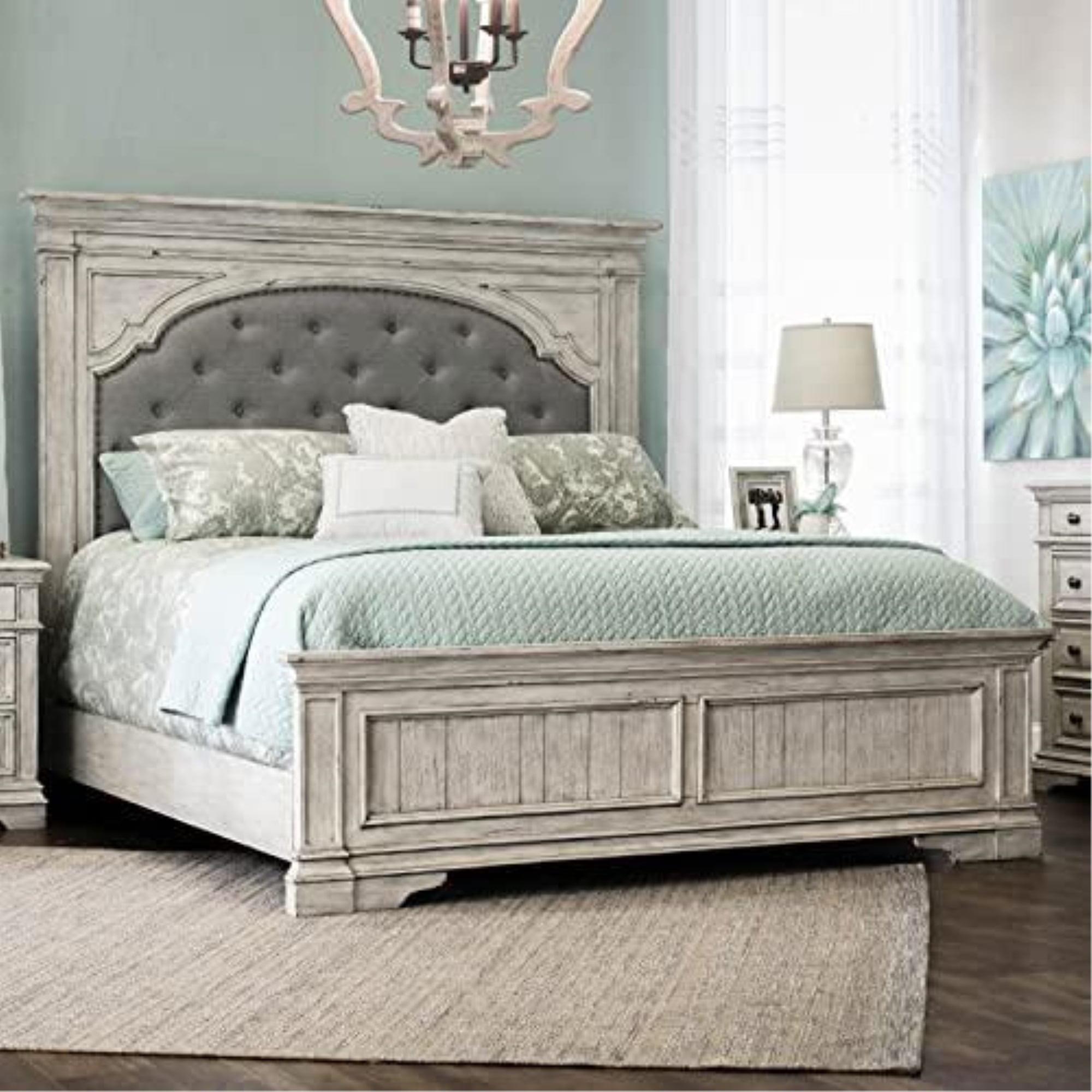 Queen Rustic Ivory Wood Panel Bed with Tufted Headboard