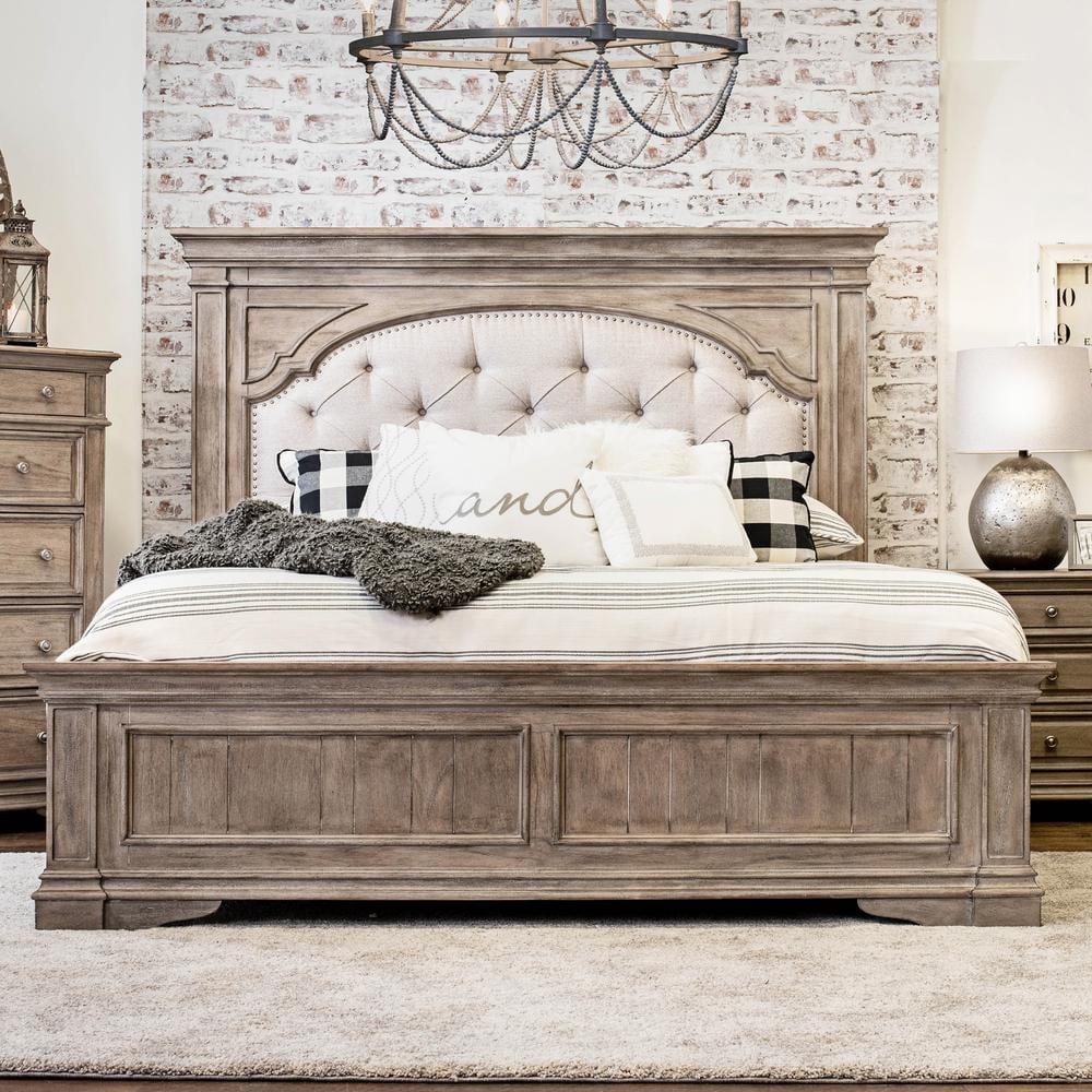 Highland Park Driftwood Gray Upholstered Queen Panel Bed with Nailhead Trim