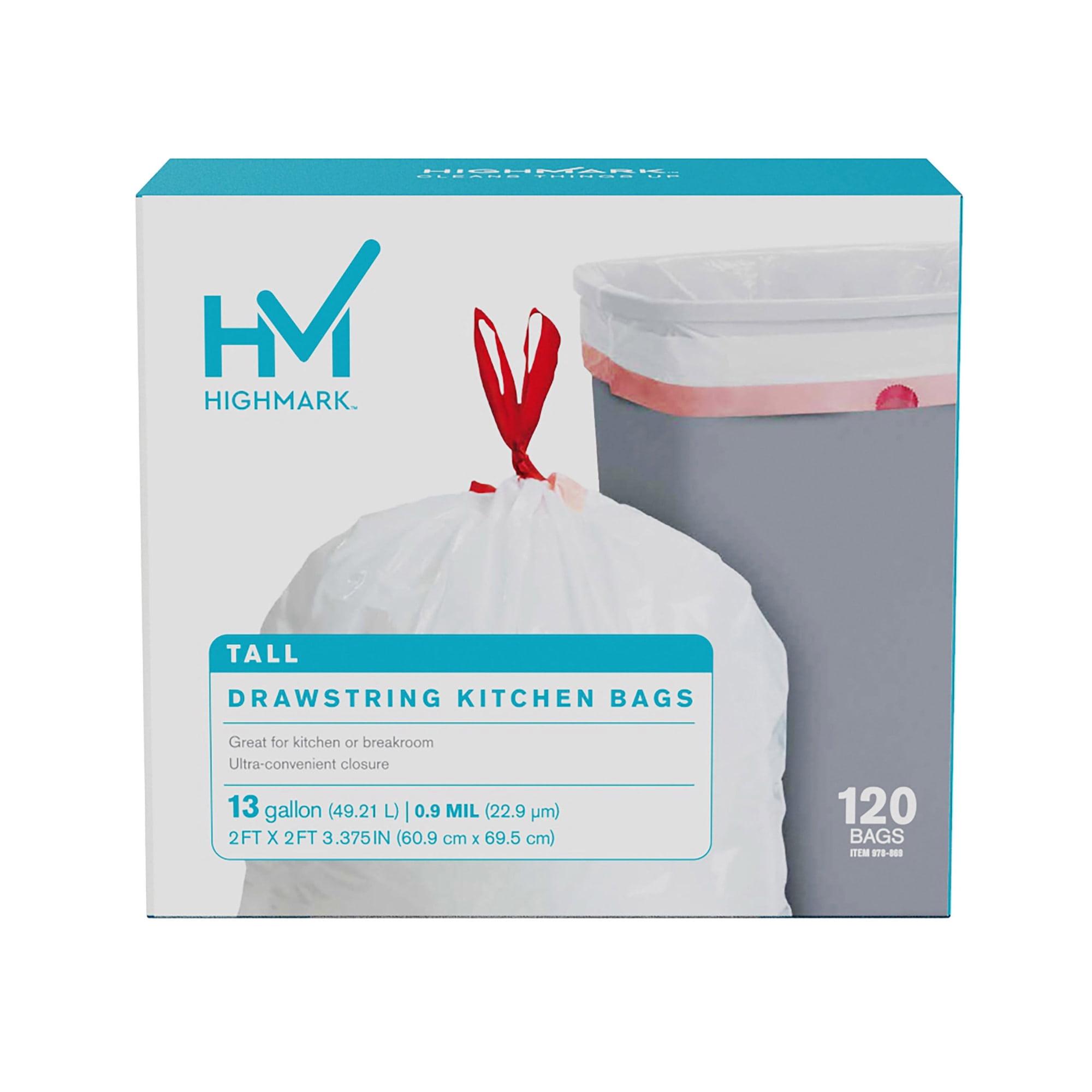 Highmark 13-Gallon White Plastic Drawstring Kitchen Trash Bags, Box of 120