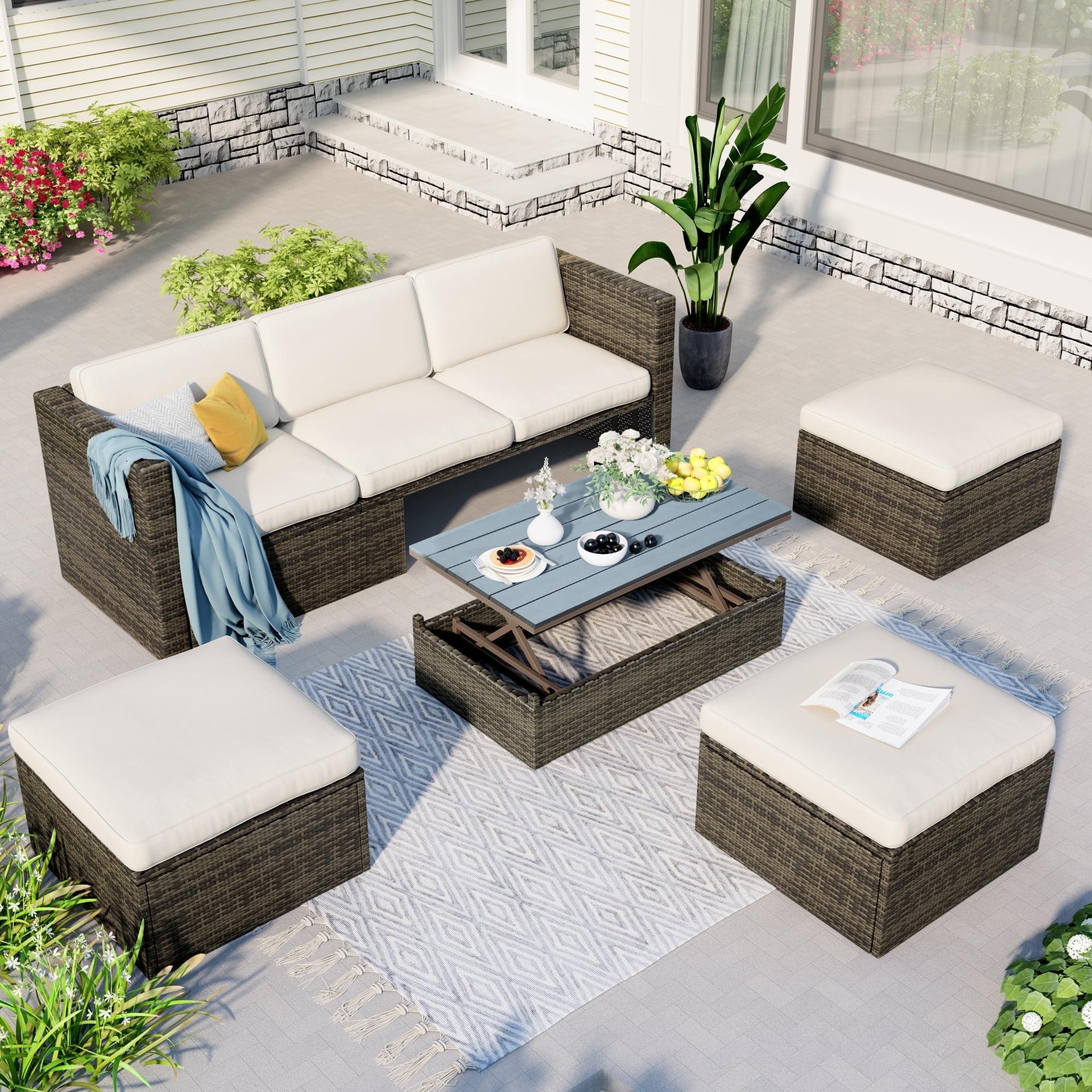 Beige 6-Person PE Rattan Wicker Patio Sofa Set with Lift Top Coffee Table