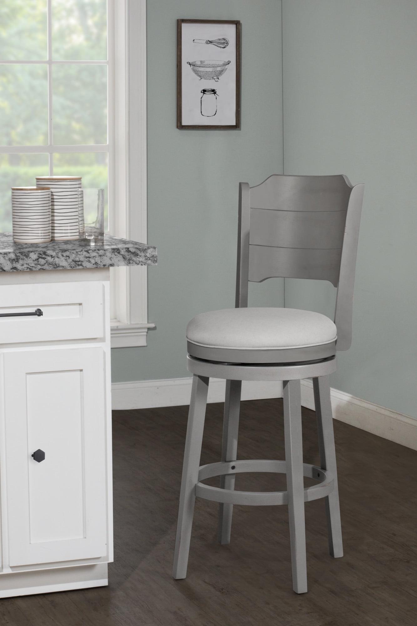 Clarion Distressed Gray Wood Swivel Barstool with Fog Gray Upholstery