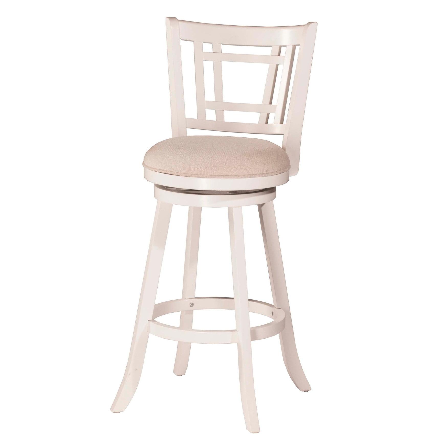 Elegant White Swivel Bar Stool with Beige Fabric Seat and Wood Accents