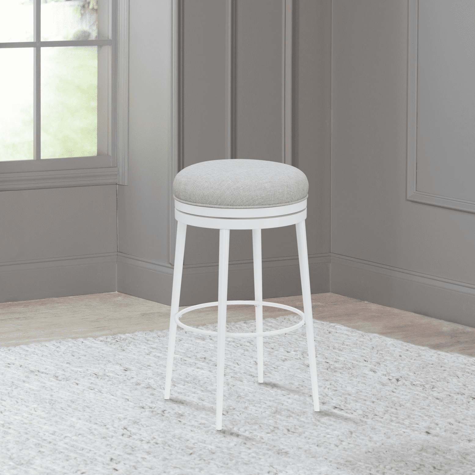Aubrie Swivel Backless Counter Stool in Off-White and Silver