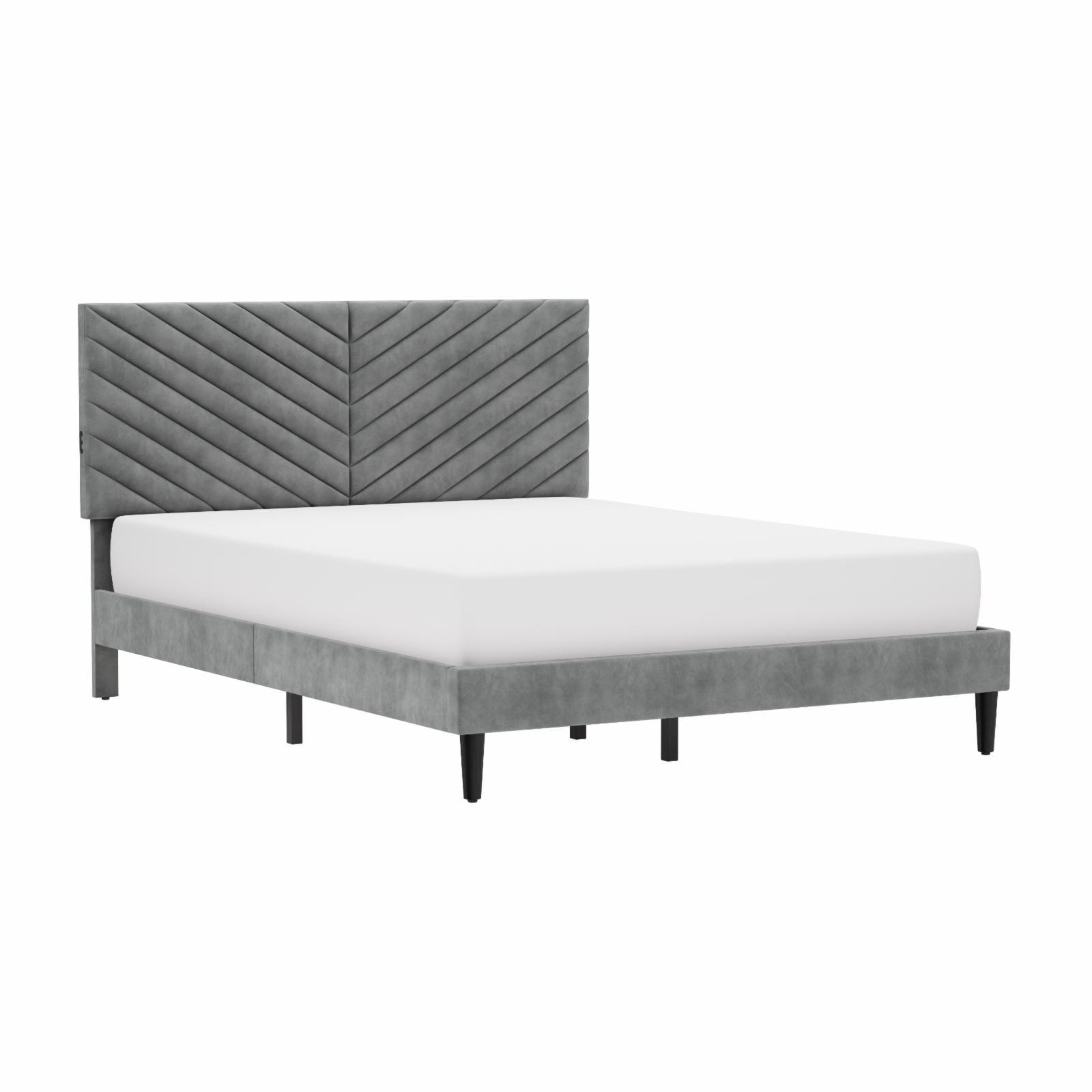 Crestwood Minimalist Light Gray Queen Bed with Tufted Chevron Upholstery