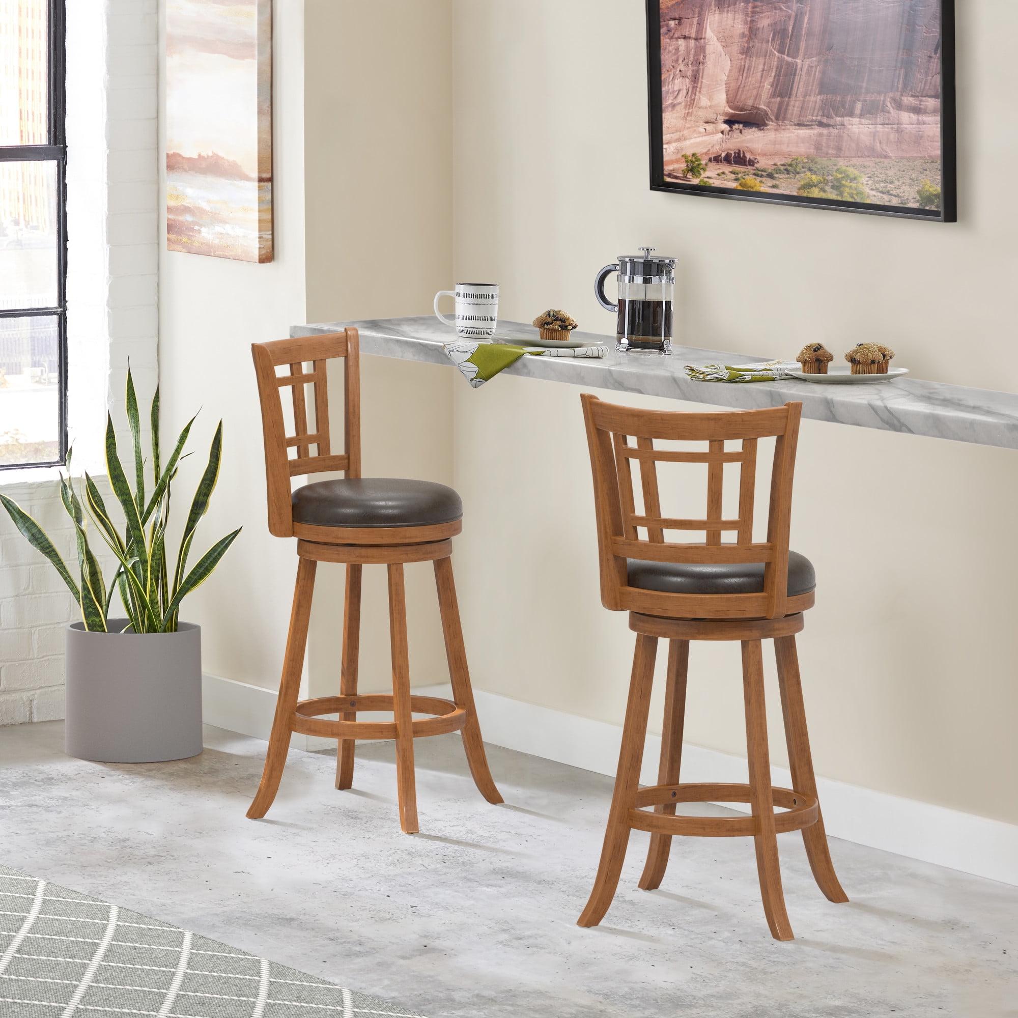 Transitional Oak Wood Swivel Bar Stool with Brown Faux Leather Seat