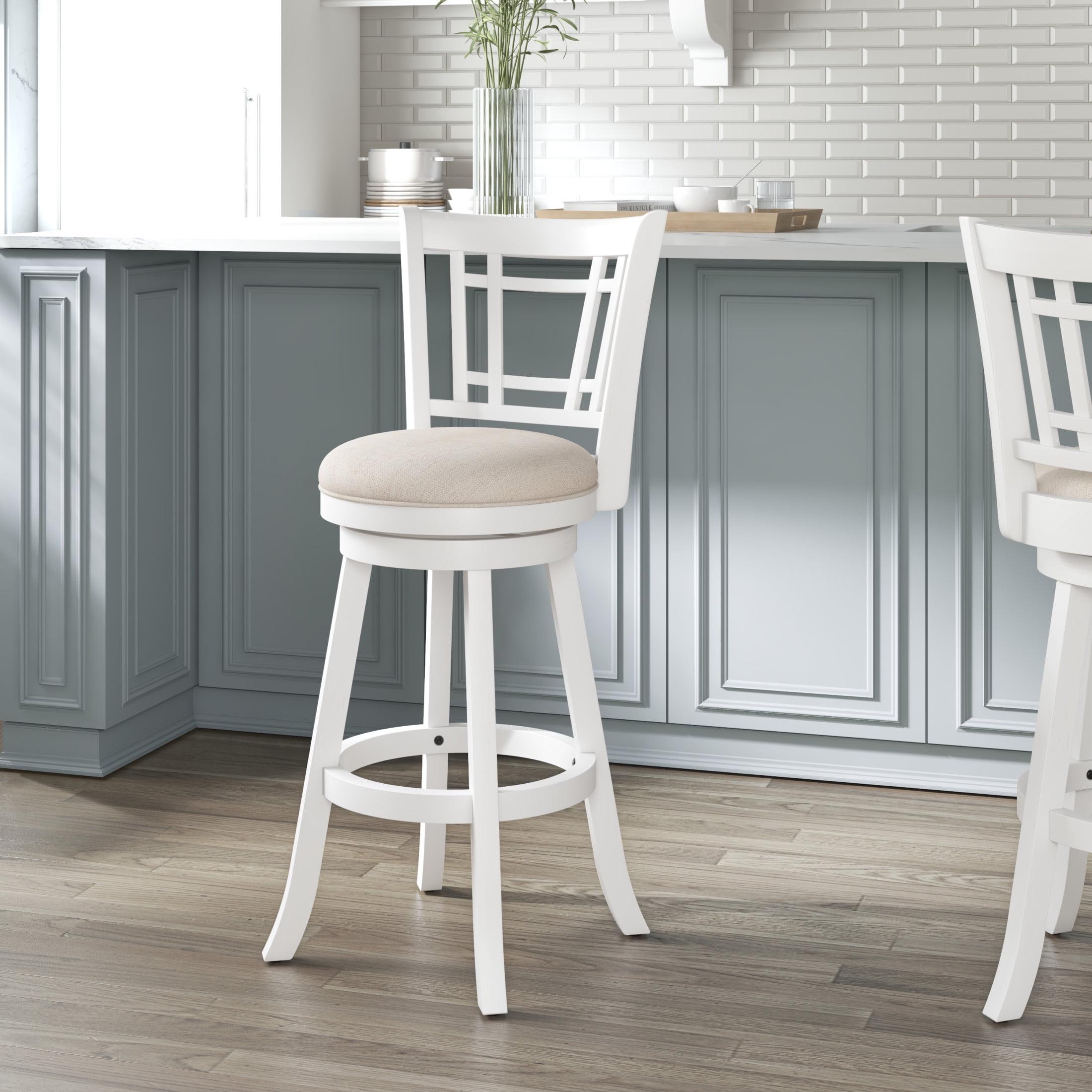 Elegant White Swivel Bar Stool with Beige Fabric Seat and Wood Accents