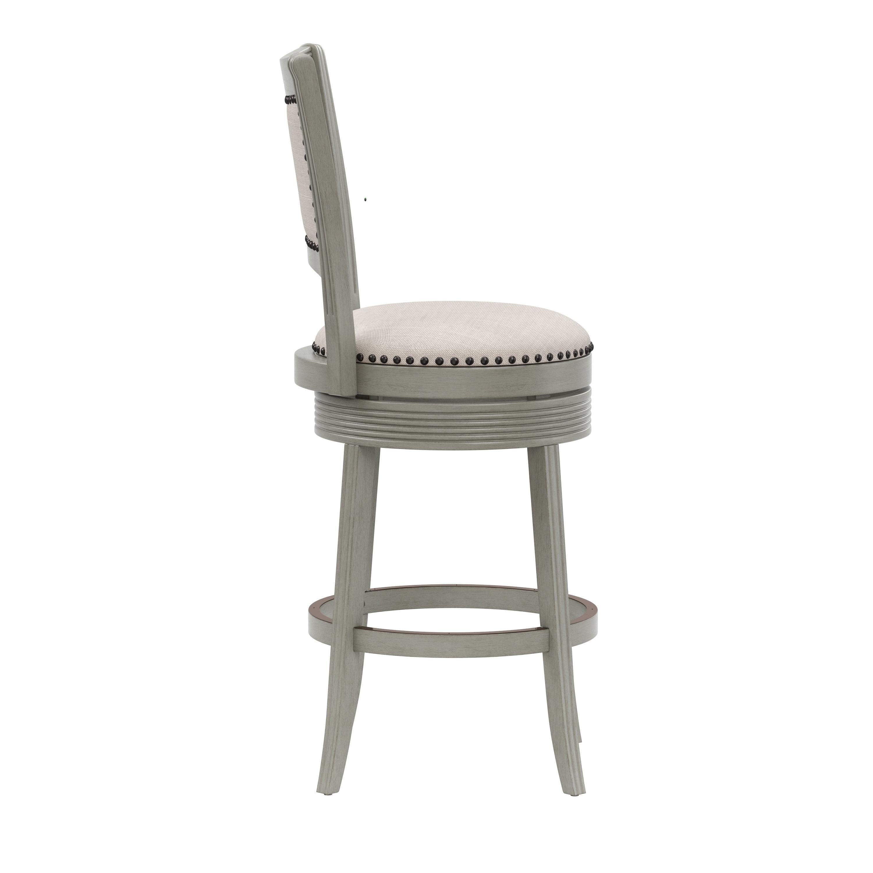 Aged Gray Wood Bar Height Swivel Stool with Beige Fabric