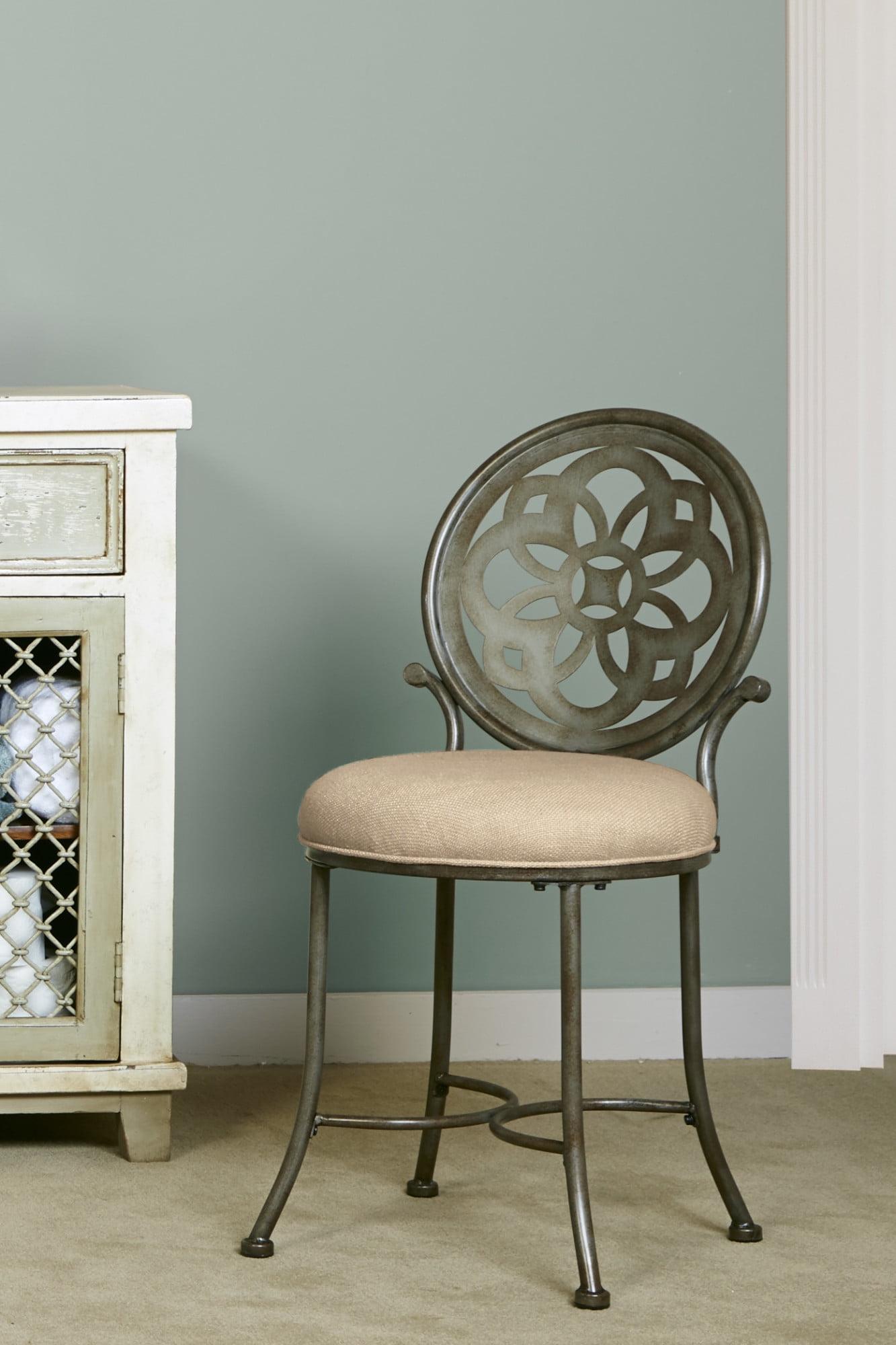 Antique Gray Metal Vanity Stool with Cream Upholstery