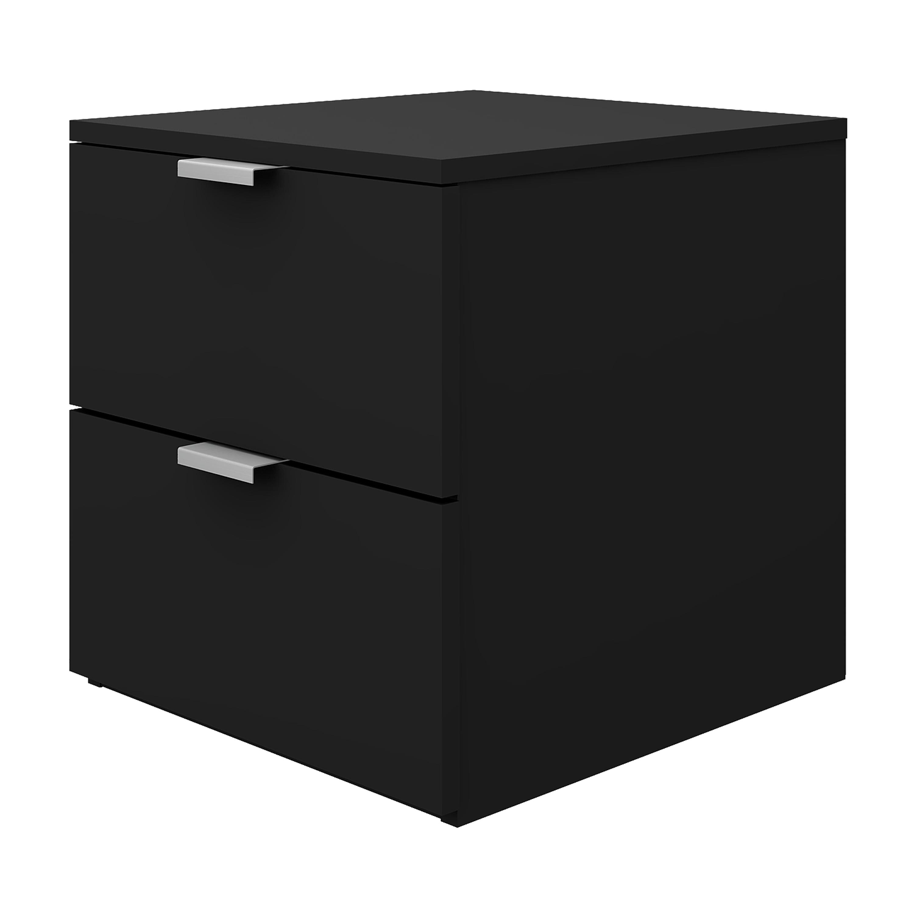 Matte Black Wood 2-Drawer Nightstand with Silver Pulls