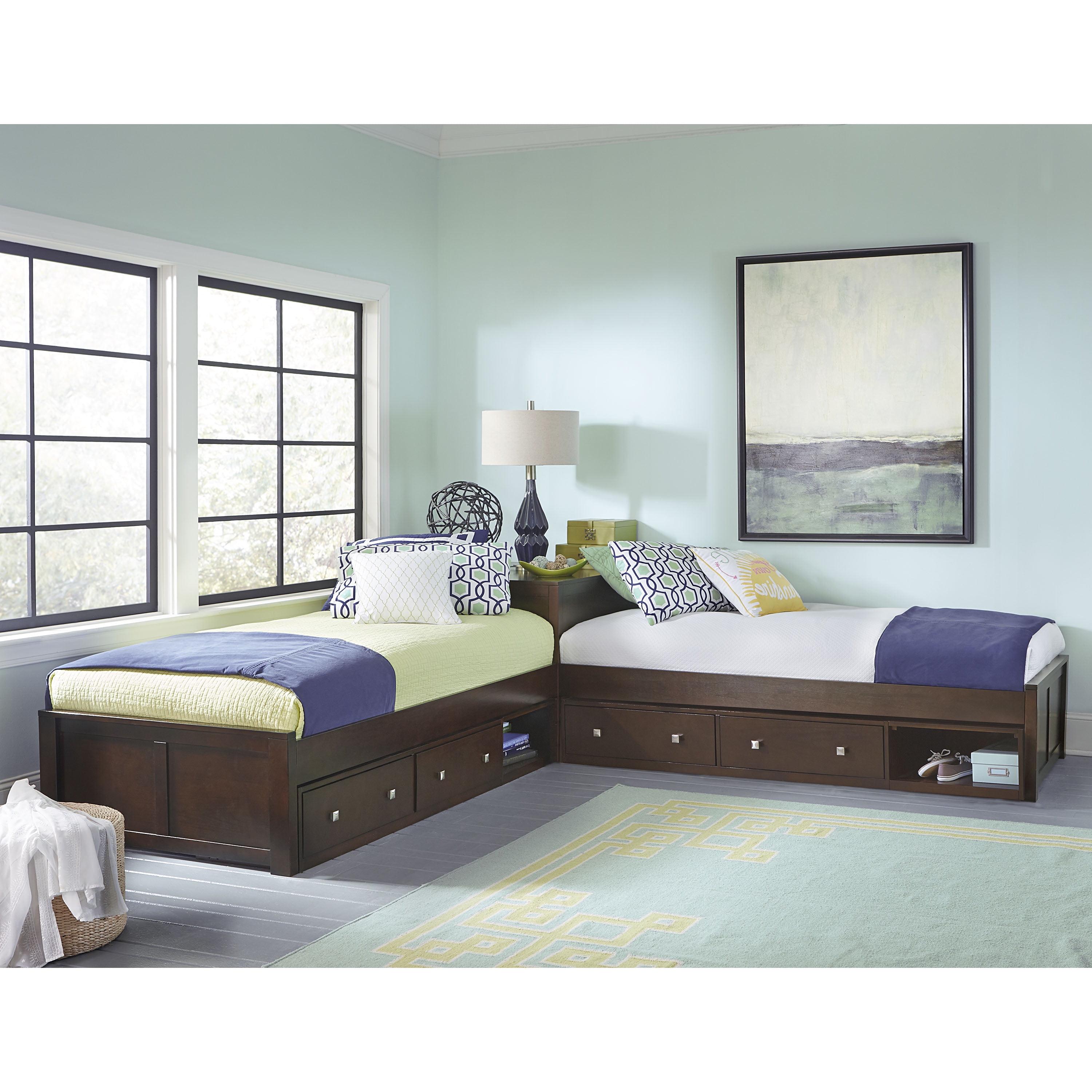 Chocolate Finish L-Shaped Twin Bed with Double Storage and Wood Headboard