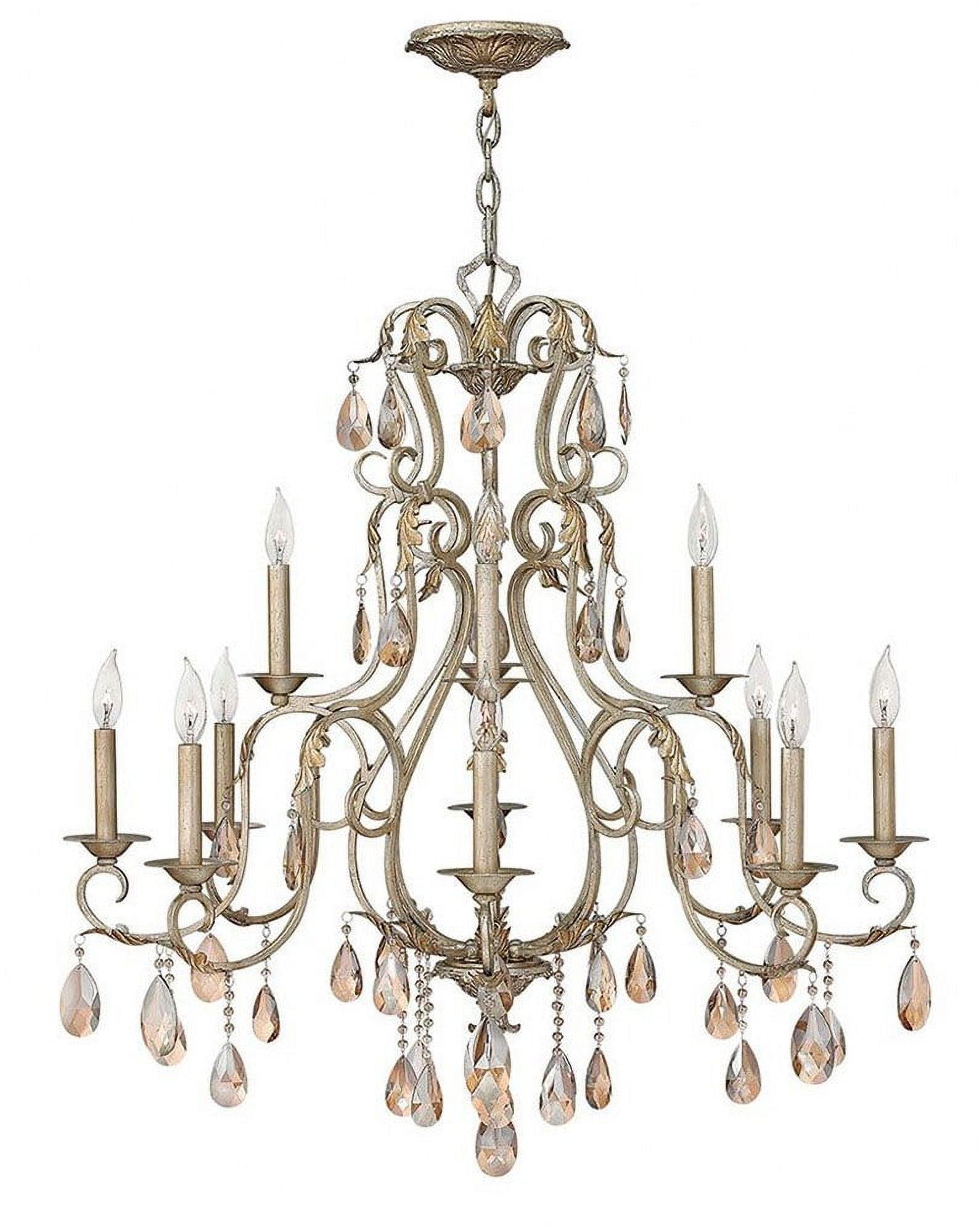 Carlton Petite Candelabra 12-Light Chandelier in Silver Leaf with Amber Crystals