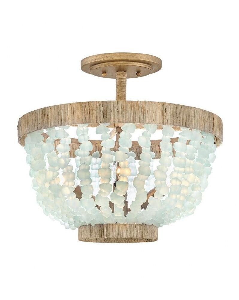 Burnished Gold Bohemian LED Bowl Light with Blue Sea Glass