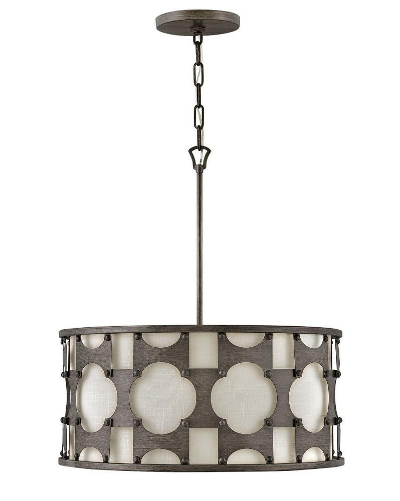 Carter 5-Light Drum Pendant in Weathered Bronze with Off-White Shade