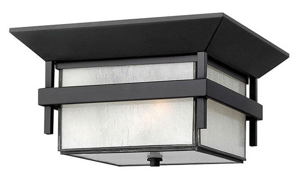 Satin Black Aluminum Outdoor Flush Mount with Etched Seedy Glass