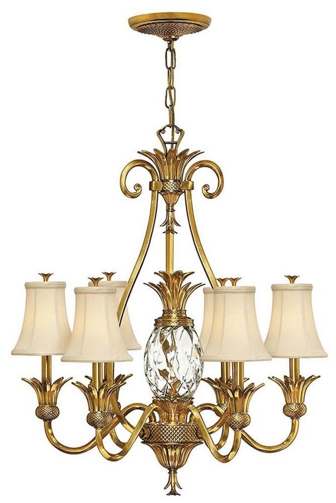 Elegant Burnished Brass 7-Light Chandelier with Ivory Silk Shades